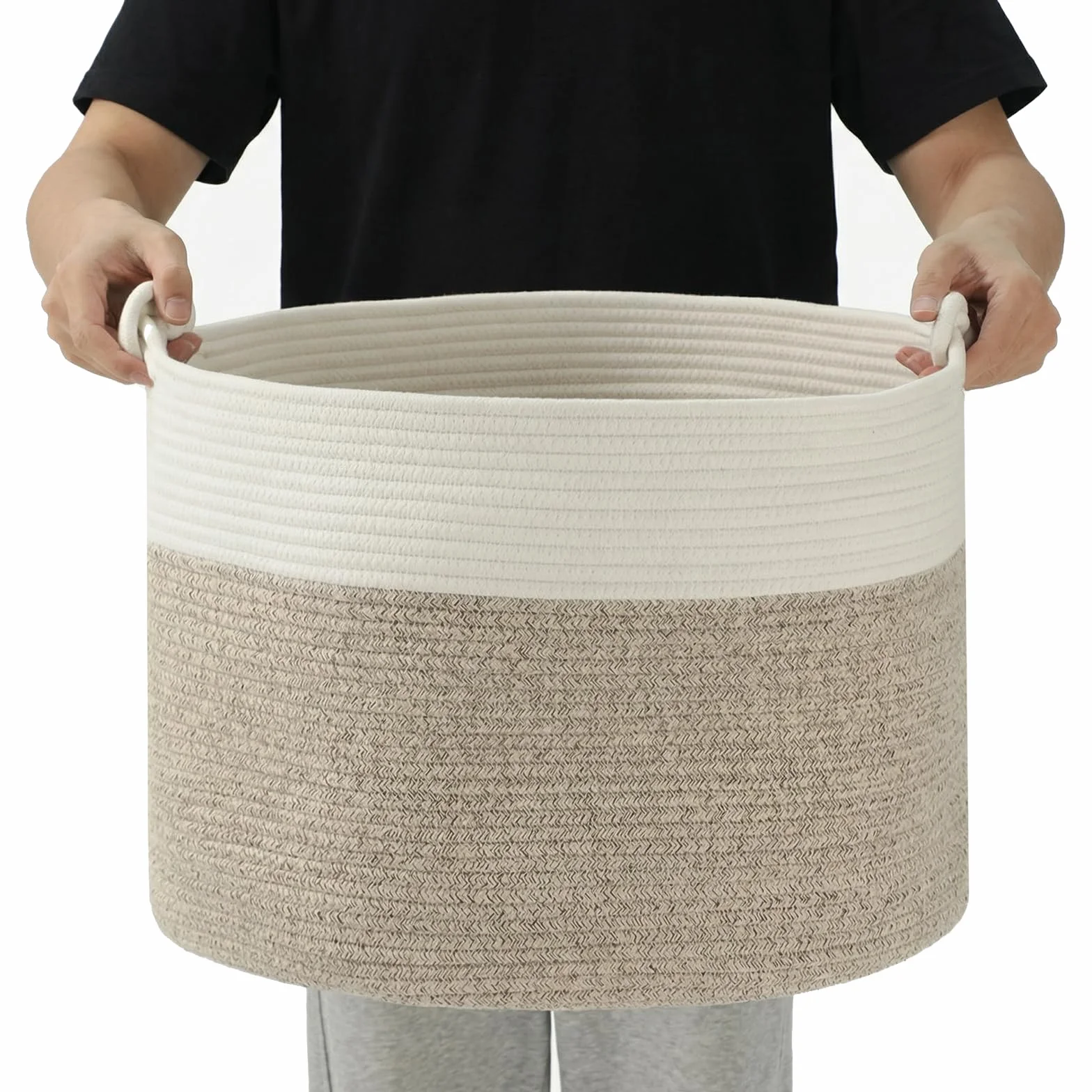 COSYLAND Okrągły kosz na bieliznę 88 l z liny bawełnianej, duży z uchwytami, 56 x 36 cm, biały i khaki