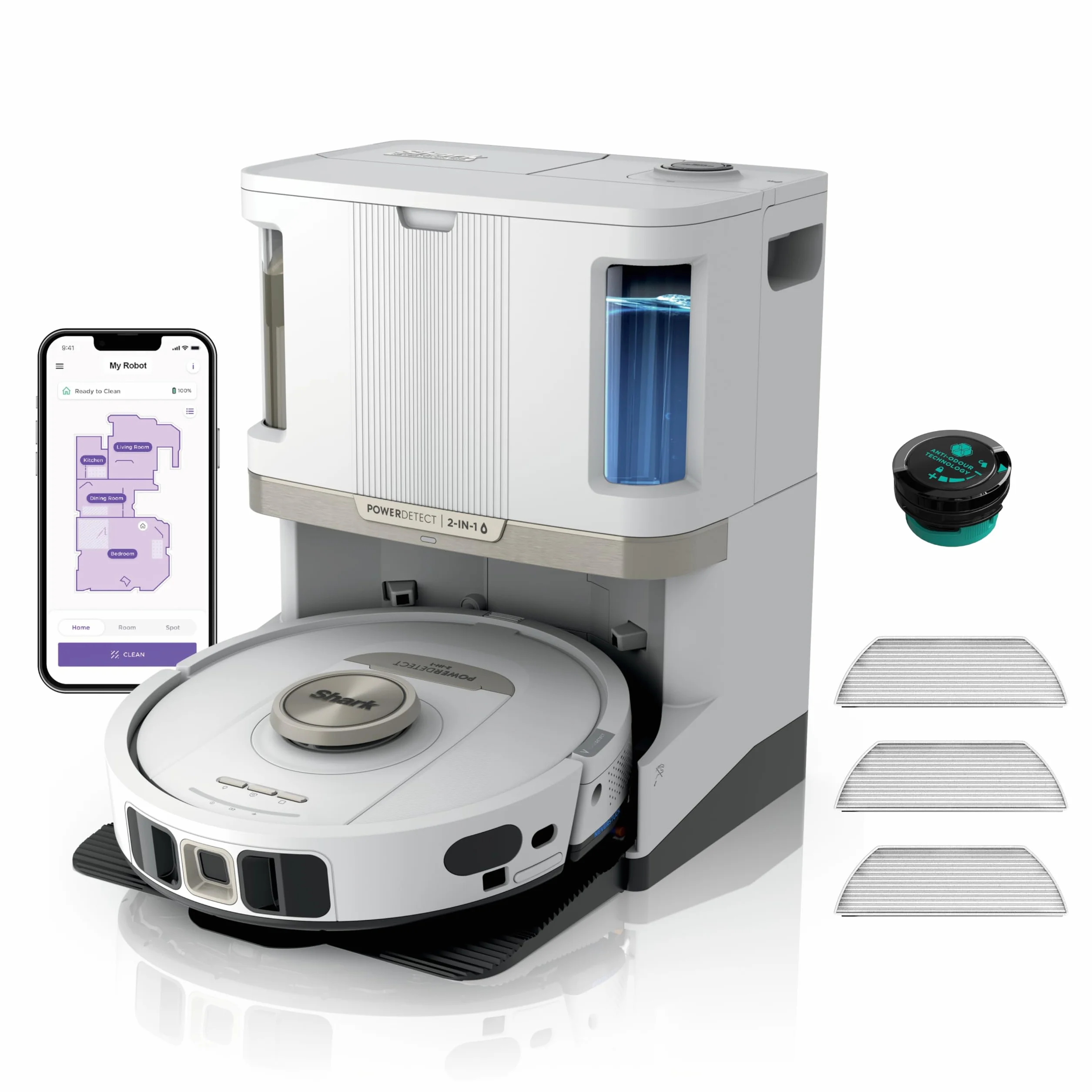 Shark PowerDetect Robot odkurzająco-mopujący 2 w 1, automatyczne opróżnianie, napełnianie i czyszczenie NeverTouch Pro (60 dni), 3D i LiDAR, NeverStuck, WiFi/aplikacja, biały, AV2800ZEEUWH