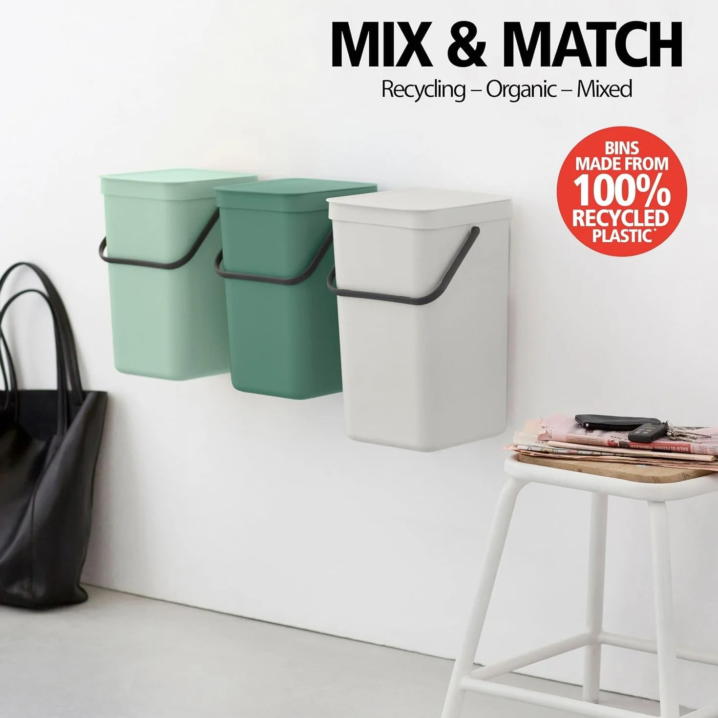 Brabantia Sort & Go Kosz na Śmieci 16 l Zieleń Jodłowa z Uchwytem i Pokrywą Stay Open