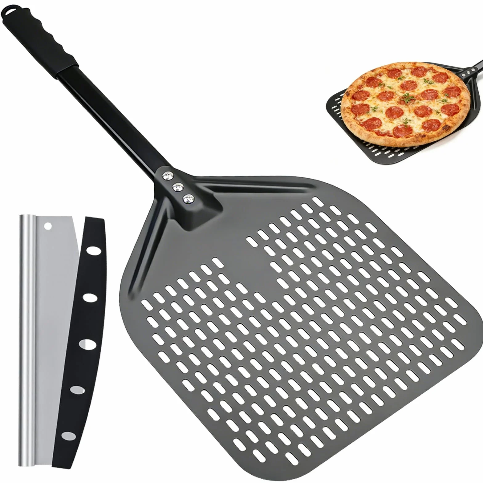 Łopatka do pizzy premium – długa łopatka do pizzy – perforowana łopatka do pizzy z twardego anodowanego aluminium – ułatwia przesuwanie ciasta na pizzę – akcesoria do grilla prezent