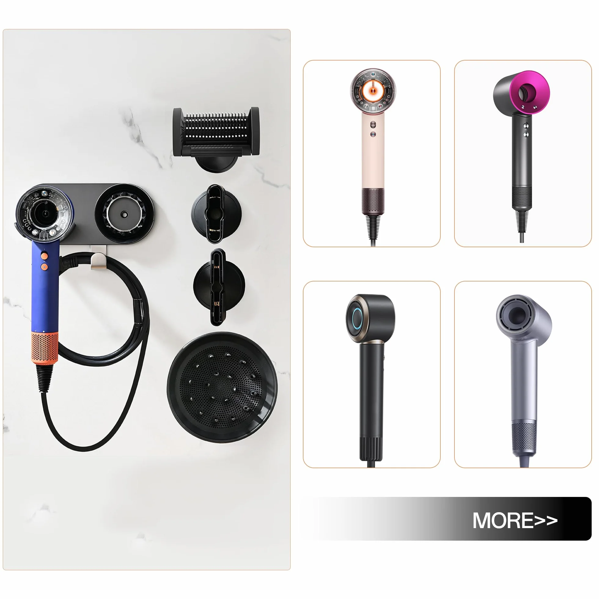 Uchwyt na suszarkę do włosów, uchwyt ścienny do magnetycznych suszarek do włosów, uchwyt ze stopu aluminium z haczykiem na wtyczkę, organizer (szary)