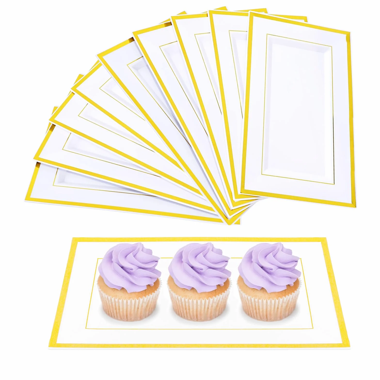 10 sztuk bia?ych plastikowych talerzy do serwowania, 33 x 20 x 1,5 cm, prostok?tne, z tworzywa sztucznego, talerze bufetowe ze z?ot? kraw?dzi?