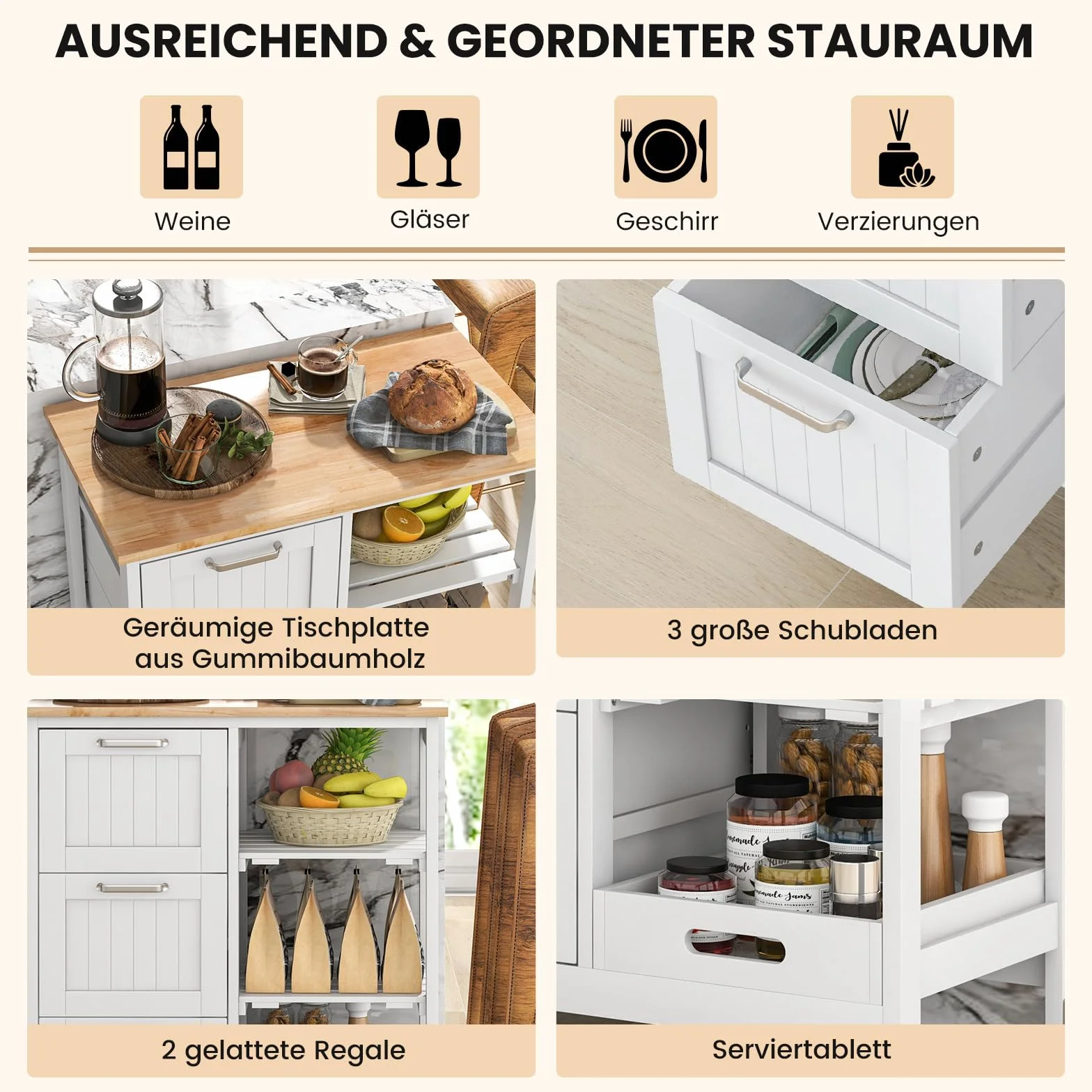 COSTWAY Wózek Kuchenny z Tacą 2 Poziomy 3 Duże Szuflady Regał Magazynowy Wyspa Kuchenna z Drewna Kauczukowego i Sosnowego 67x37x82,5 cm
