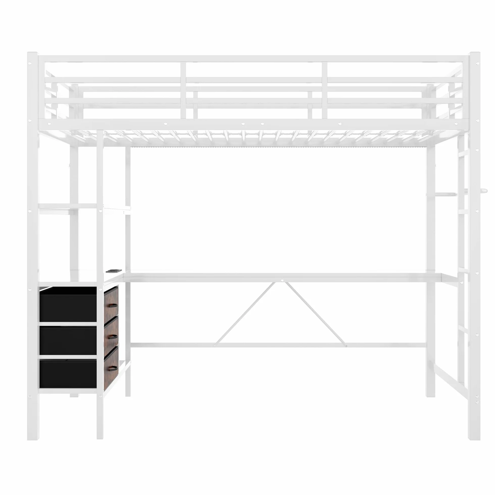 Łóżko piętrowe 90 x 200 cm, z 3 szufladami i biurkiem, funkcjonalne z poręczą i drabinką, kilka półek i wieszaków na ubrania, bez materaca, stabilna metalowa rama (białe, 90 x 200 cm)