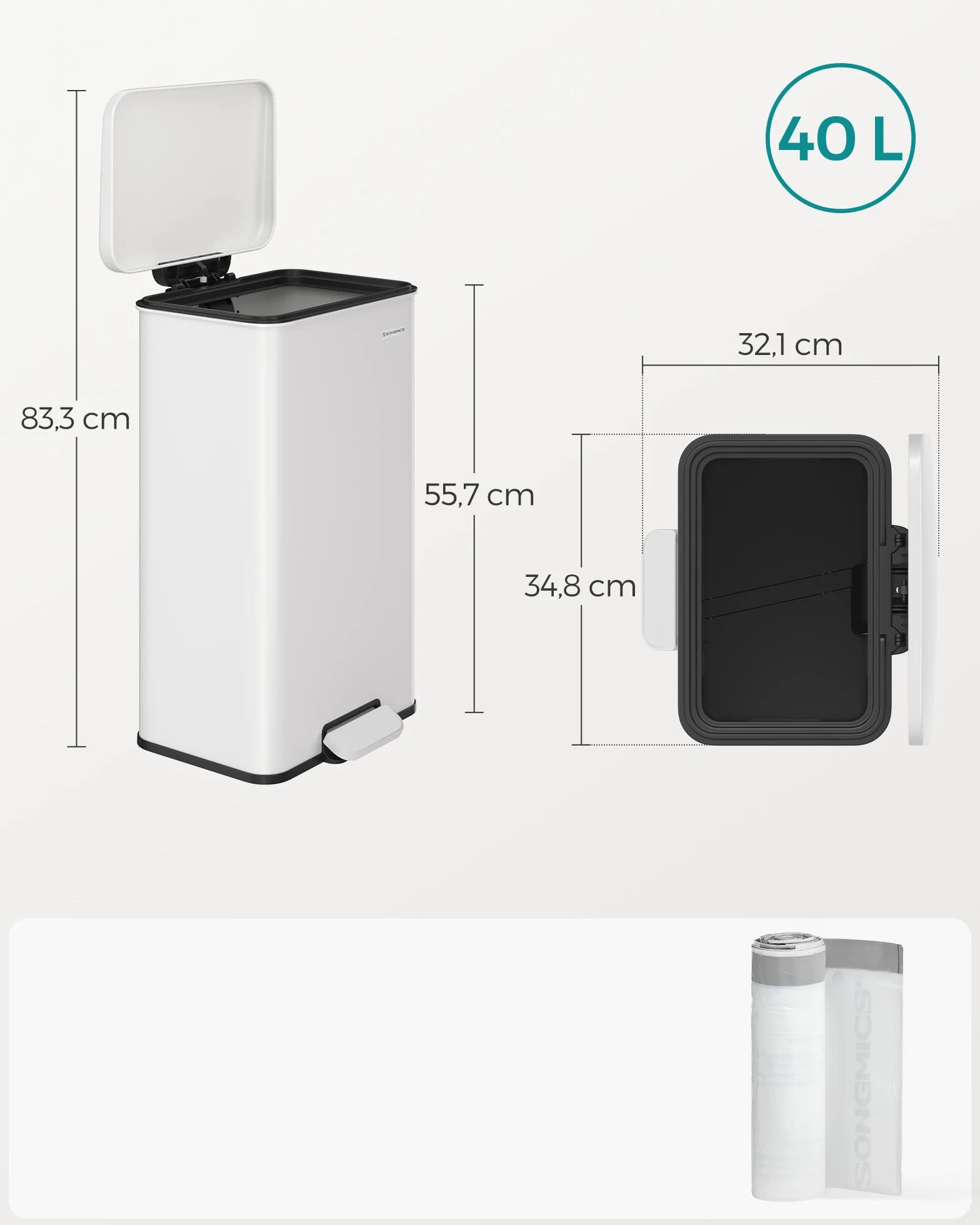 SONGMICS Kosz na śmieci kuchenny, 40 l, duży kosz na śmieci z pedałem, ze stali, z pokrywą, Softclose, w zestawie 15 worków na śmieci, biały LTB540W4002