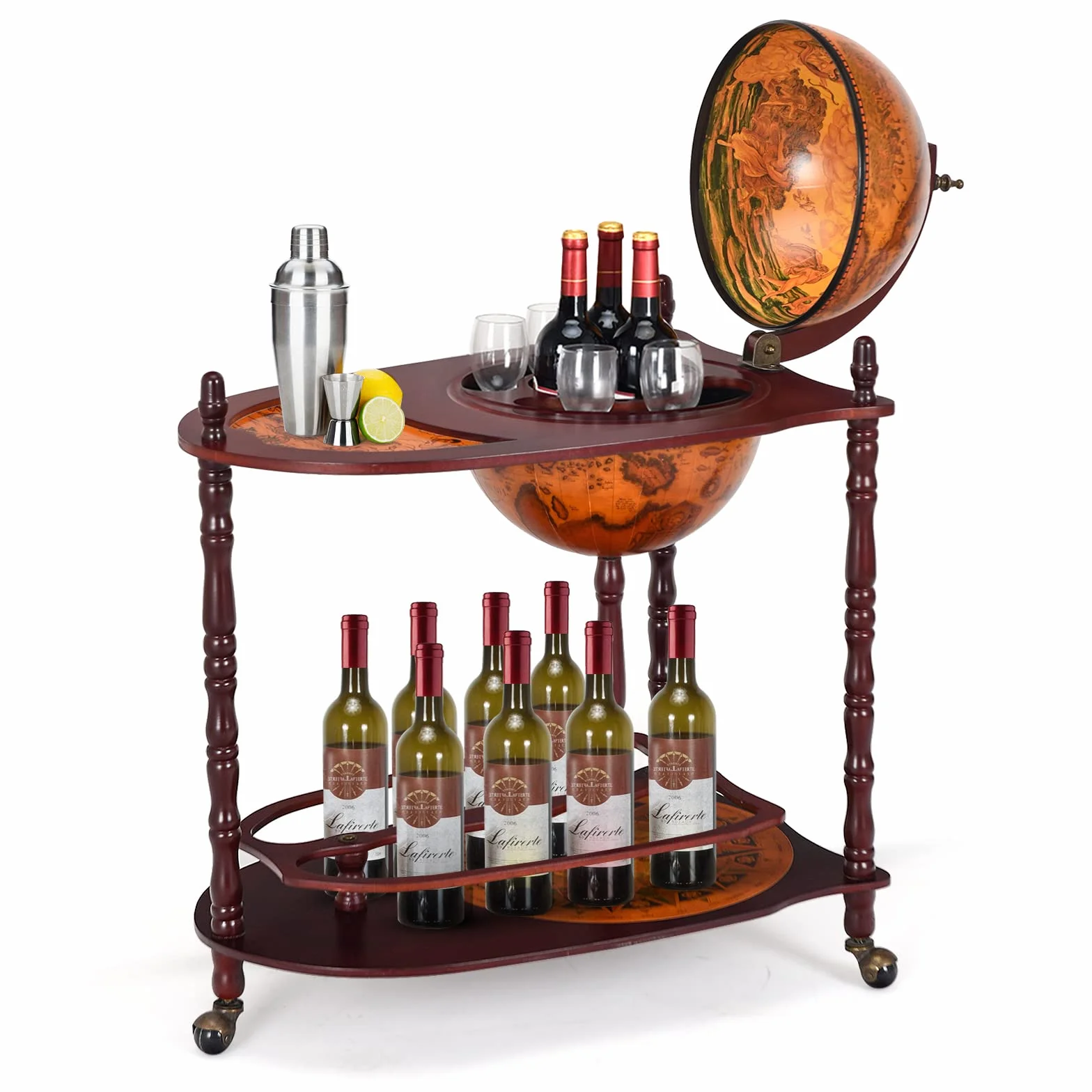 COSTWAY Minibar-globus, kula ziemska, stojak na wino, butelki, barek domowy, koktajlowy, dekoracyjny stolik na kółkach, z blatem