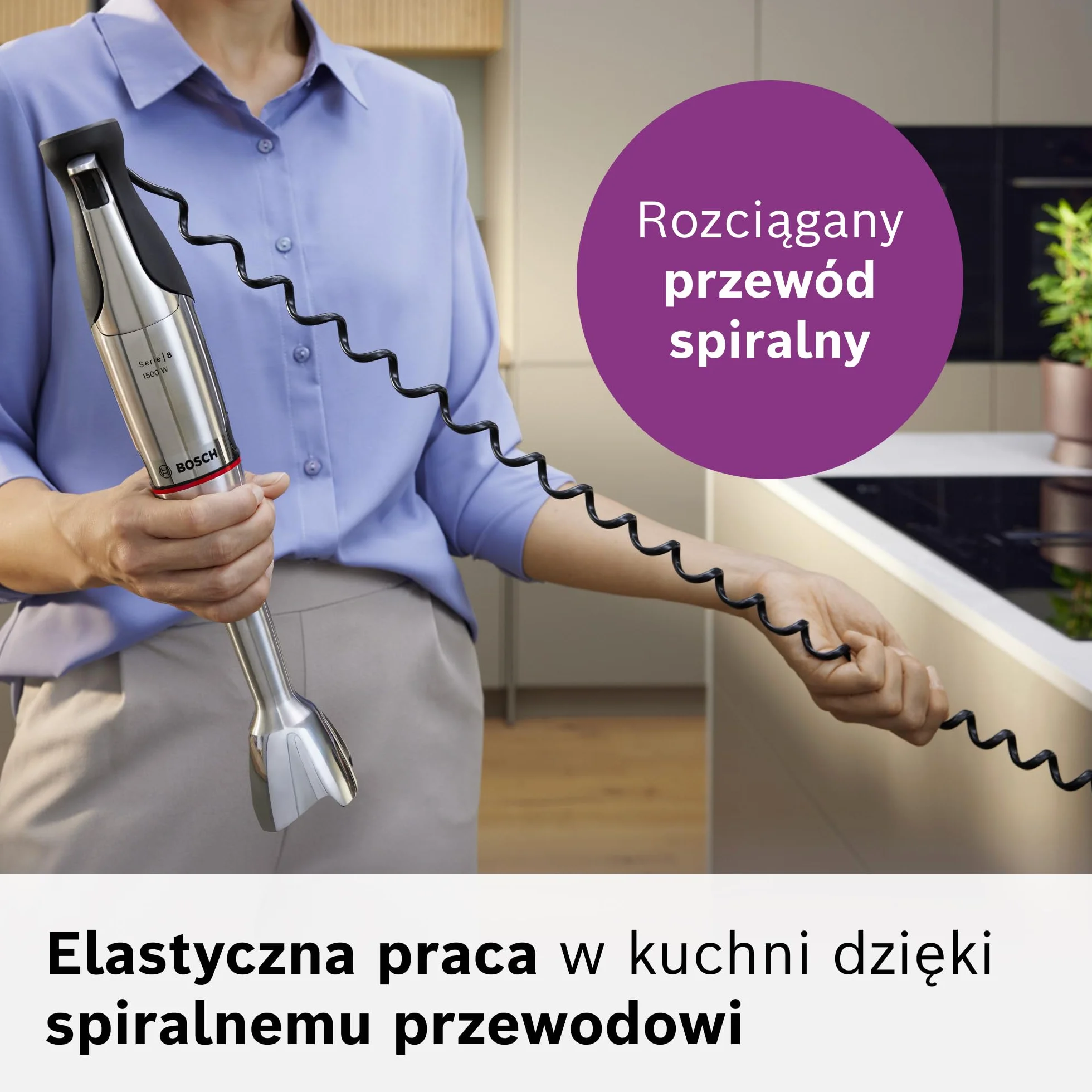 Bosch, blender ręczny, ErgoMaster Serie 8, silnik 1500 W, intuicyjna regulacja prędkości, 6-ramienne ostrze, akcesoria w zestawie, stal nierdzewna, MSM8M934