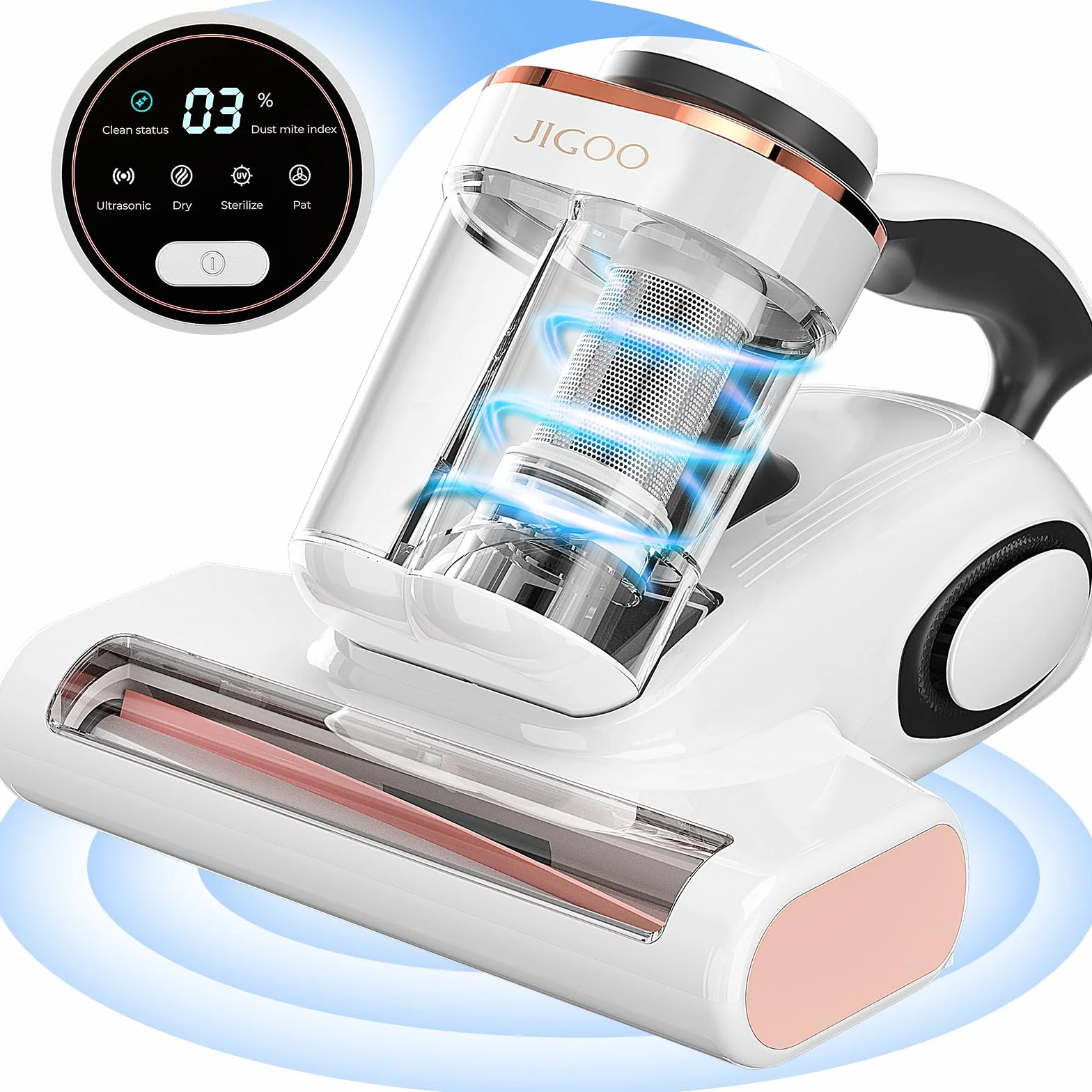 JIGOO J300 odkurzacz do roztoczy z czujnikiem roztoczy kurzu i światłem UV, 500 W z inteligentnym wyświetlaczem LED, dla alergików, usuwa 99,9% alergenów, do materaców, łóżek i sof