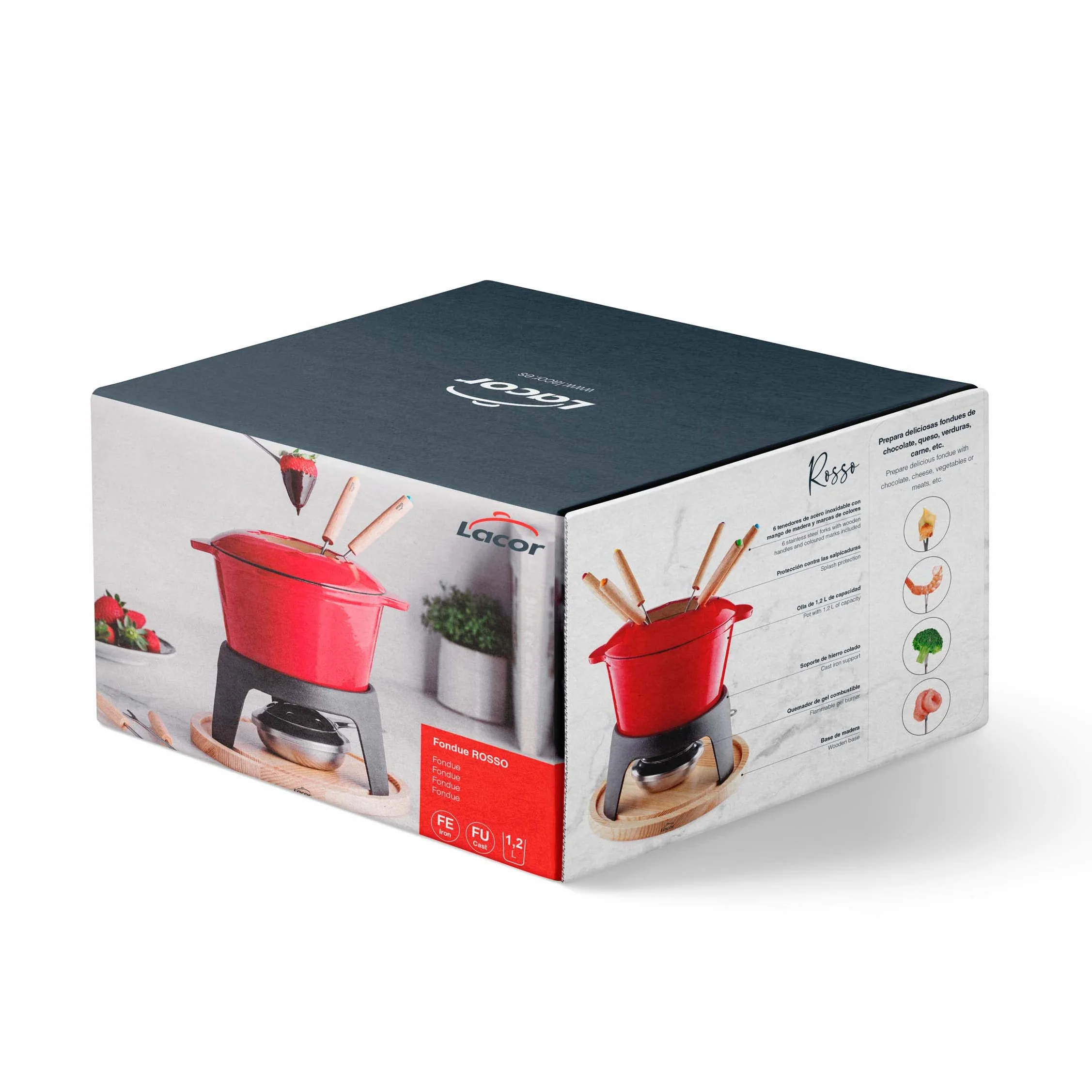 Lacor - 71711 - Zestaw Żeliwnych Fondue Emaliowanych, Żeliwnych Podstaw, Nadaje Się do Indukcji, 6 Widelców, Średnica 16,5X10Cm (1,7 Litra),Czerwony