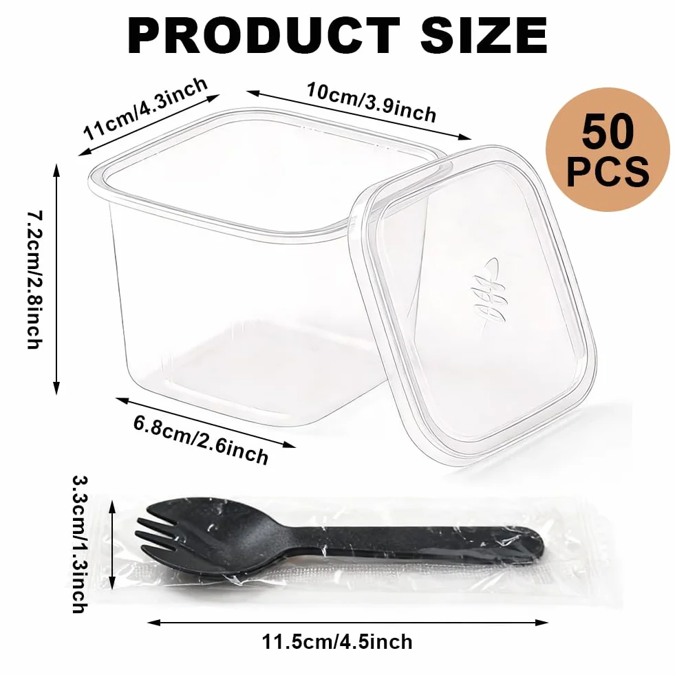 50 sztuk plastikowych kubków deserowych, prostokątne, z pokrywką, 360 ml, przezroczyste miseczki deserowe, z 50 łyżeczkami, wielokrotnego użytku, kwadratowe, plastikowe kubki na deser, mus, tiramisu