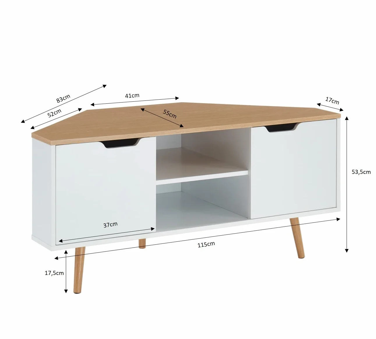 BAÏTA Narożna szafka pod telewizor - dekoracja biała i dębowa - styl industrialny - szer. 115 x gł. 55 x wys. 53,5cm - LYNA
