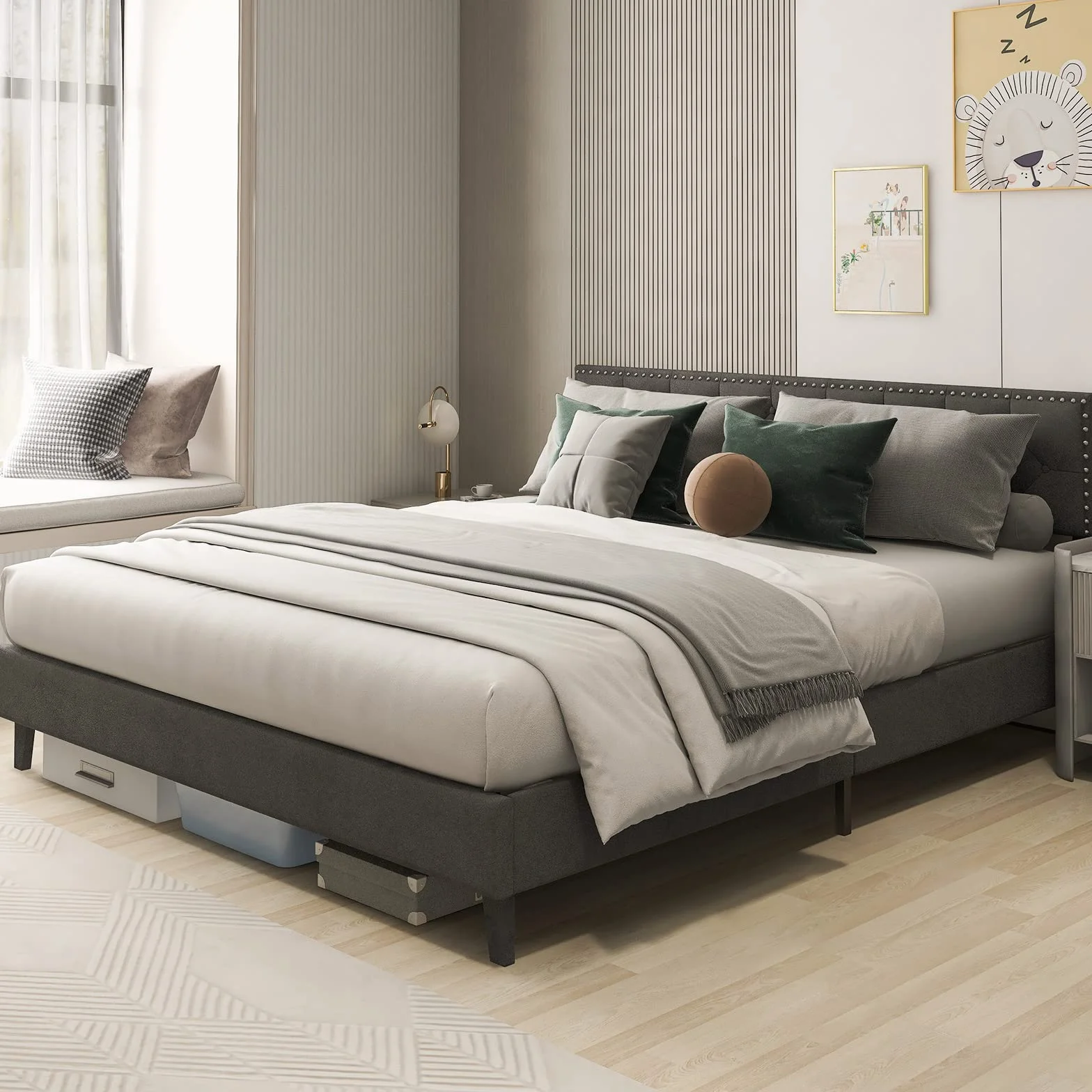 COSTWAY łóżko tapicerowane 200 x 180 cm, podwójne z podłokietnikiem i kratą, rama łóżka ze stelażem, łóżko platformowe dla dorosłych i młodzieży, wytrzymałość do 450 kg