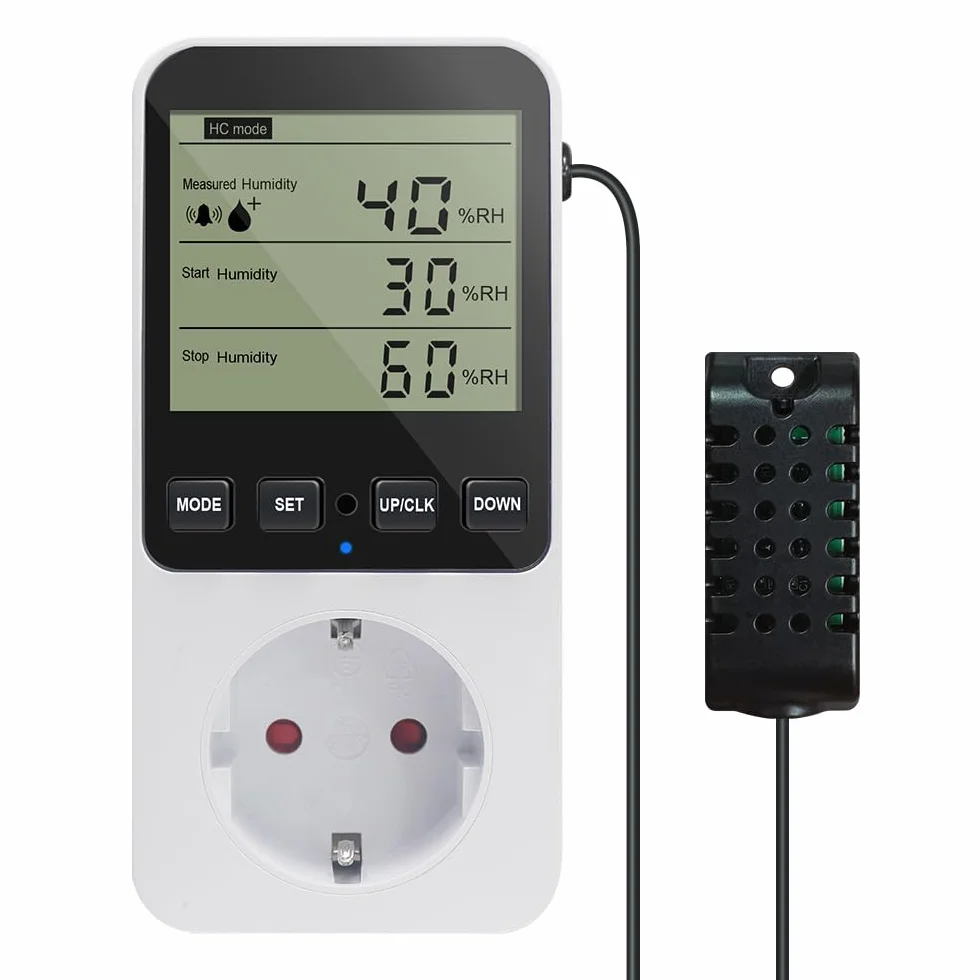 KETOTEK Regulator wilgotności / regulator temperatury gniazdo 230V z czujnikiem, cyfrowy regulator wilgotności higrostat, regulator wilgotności z alarmem do nawilżacza osuszacza terrarium grzybowego