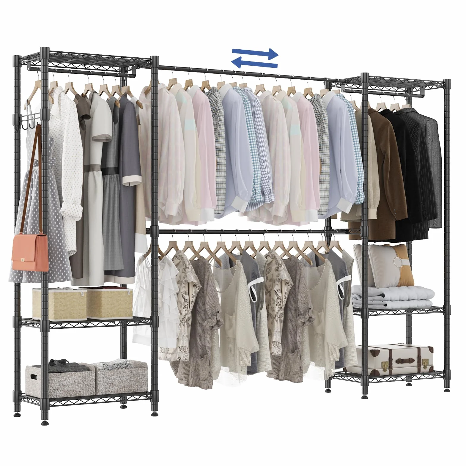 Himimi Teleskopowa stelażka na ubrania z 4 drążkami i 6 regulowanymi w wysokości półkami, 1 wieszak, teleskopowy system regałowy B (175-230) x W180 cm, przystosowany do różnorodnych przestrzeni, kolor