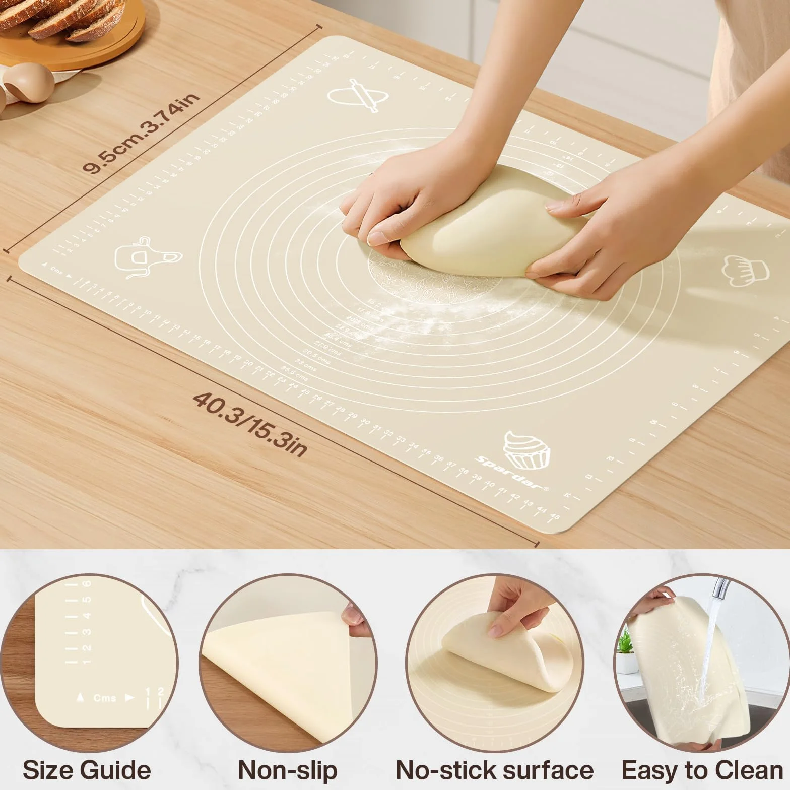 Spardar Zestaw okrągłych koszy na chleb (23 cm i 25 cm) i owalny, w 100% z naturalnego rattanu, z akcesoriami do pieczenia i fermentacji, dostarczany z matą do ugniatania