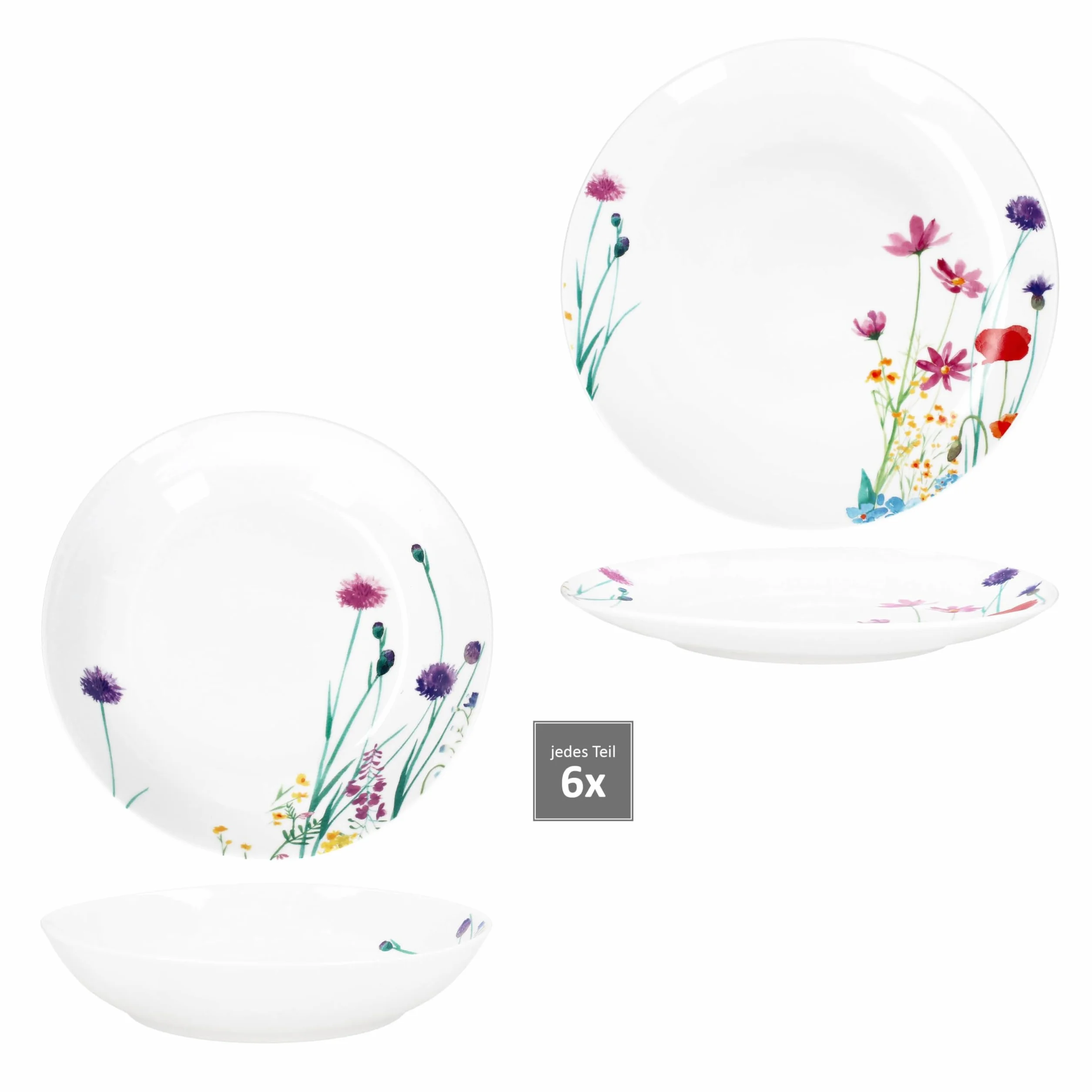MamboCat Marie 12-częściowy zestaw obiadowy z porcelany, dekoracja łąki kwiatowej, dla 6 osób