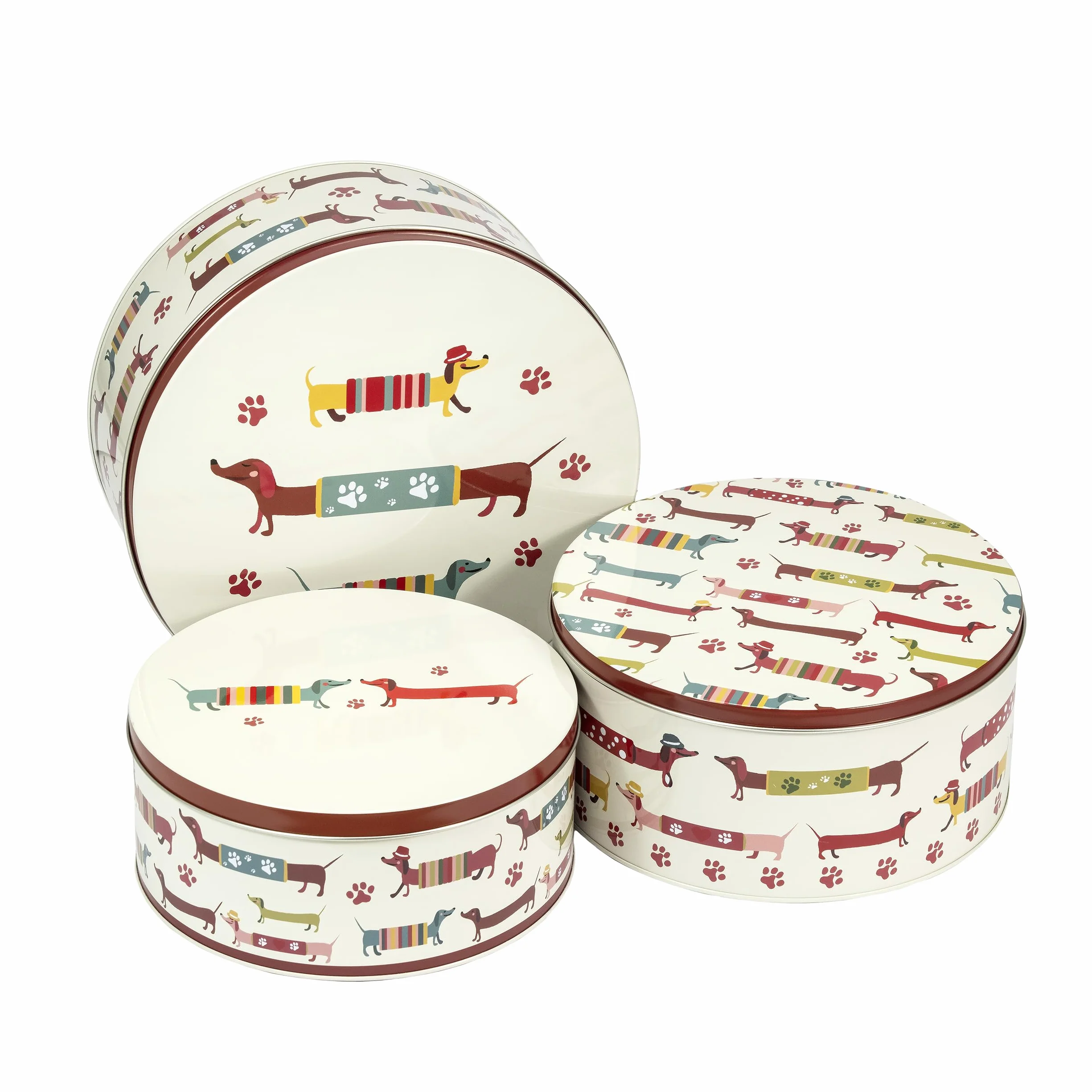 SPOTTED DOG GIFT COMPANY Zestaw 3 puszek do przechowywania ciast, okrągłe zagnieżdżające się puszki na ciasta do przechowywania ciast i ciasteczek, sztaplowalne hermetyczne pojemniki na ciastka