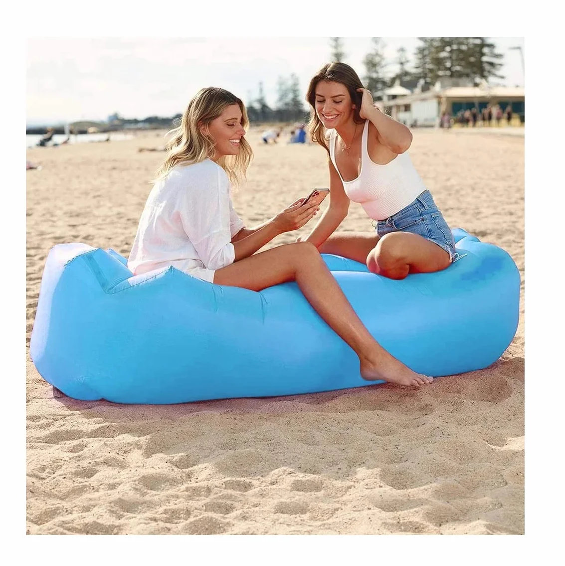Wodoodporna nadmuchiwana sofa, 200 x 70 cm, sofa powietrzna, leżak powietrzny, na kemping, do parku, na plażę, nad morze, na podwórko, niebieska