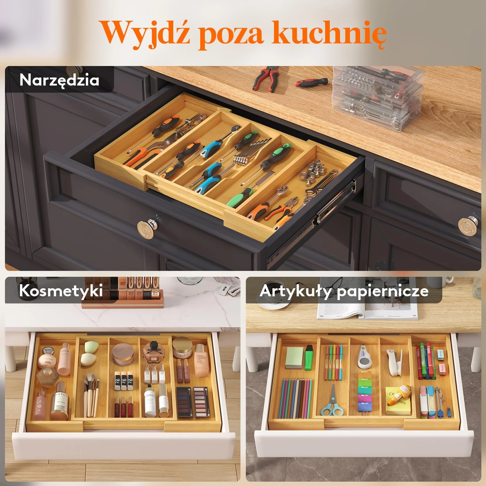 Lifewit Organizer do szuflad na przybory, rozszerzalna duża taca na sztućce do kuchni, bambusowy uchwyt na sztućce, drewniana regulowana szpatułka kuchenna narzędzia i gadżety przegroda do