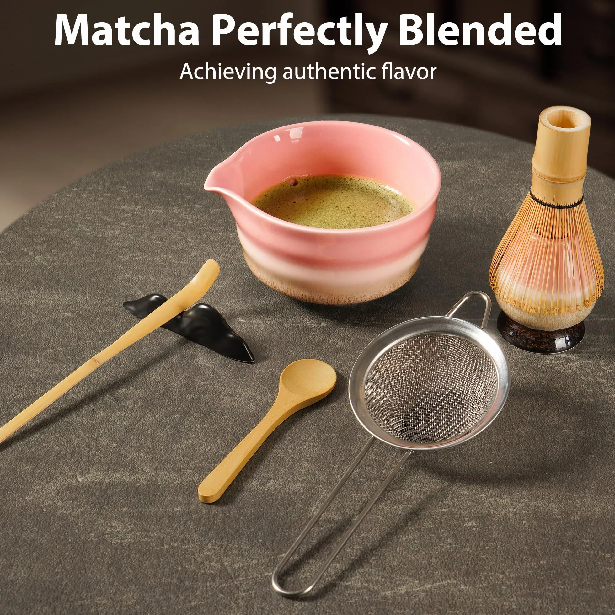 Zestaw Matcha dla początkujących, 7-częściowy w tym: miska matchy, łyżeczka herbaty, sito, podstawka pod pędzel, stojak na pędzel, ręcznie robiony zestaw do matcha (różowy)