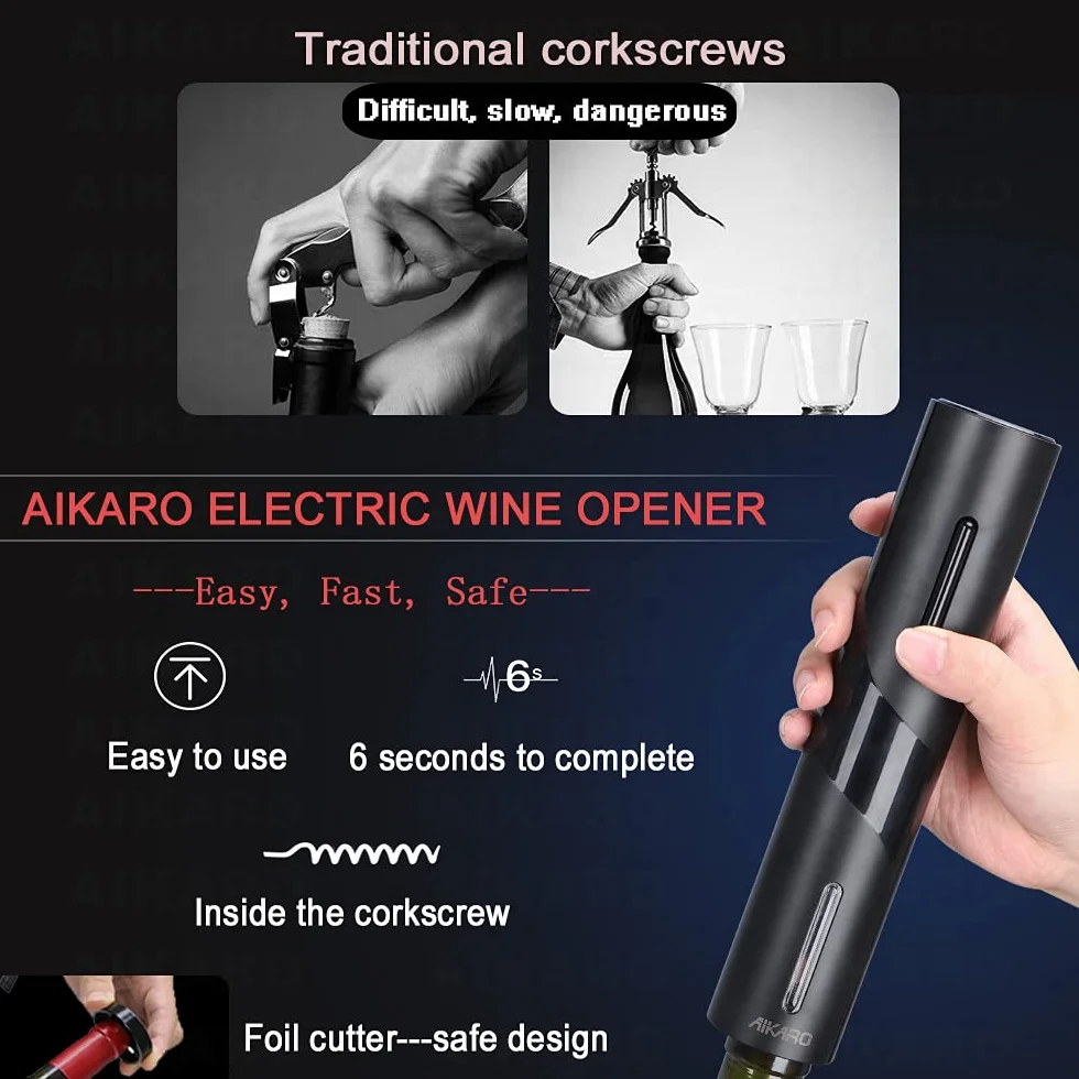 AIKARO - Elektryczny Otwieracz do Butelek Wina Automatyczny Elektroniczny Korkociąg, Ładowalny (Zestaw)