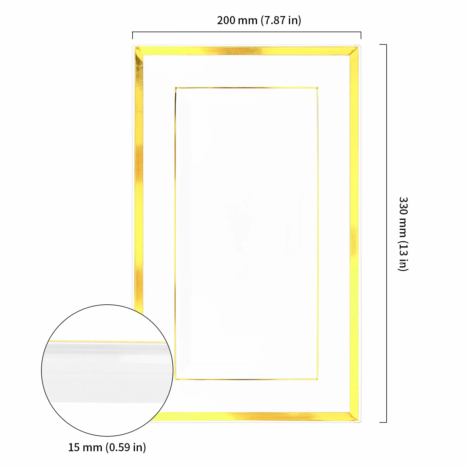 10 sztuk bia?ych plastikowych talerzy do serwowania, 33 x 20 x 1,5 cm, prostok?tne, z tworzywa sztucznego, talerze bufetowe ze z?ot? kraw?dzi?