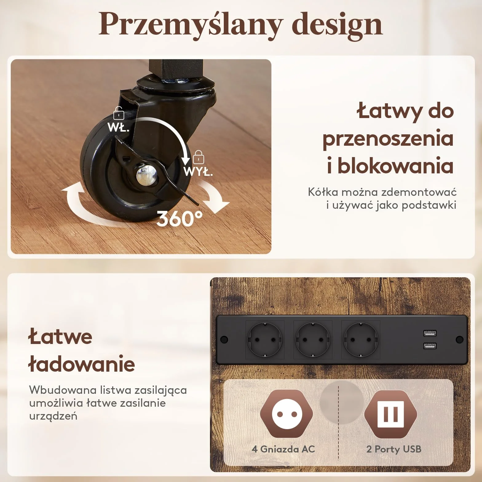 Lifewit 4-Poziomowy Stojak Multimedialny AV z gniazdami, Półkami Stereo z Oświetleniem LED, Kółkami i Regulowanymi Gramofony, Rolowana Konsola Szafka wieżę Multimedialną, Brązowy Rustykalny