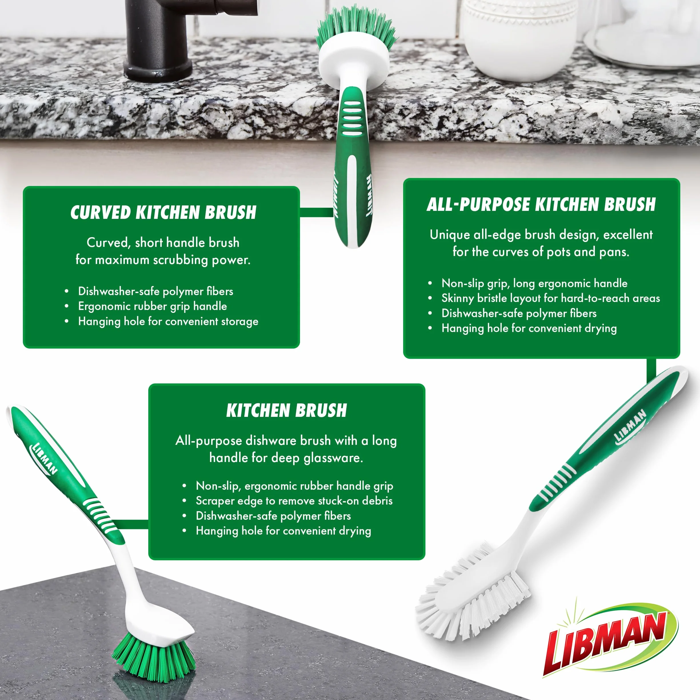 Libman Szczotka kuchenna, plastikowe włókna PET z recyklingu, zielona i biała