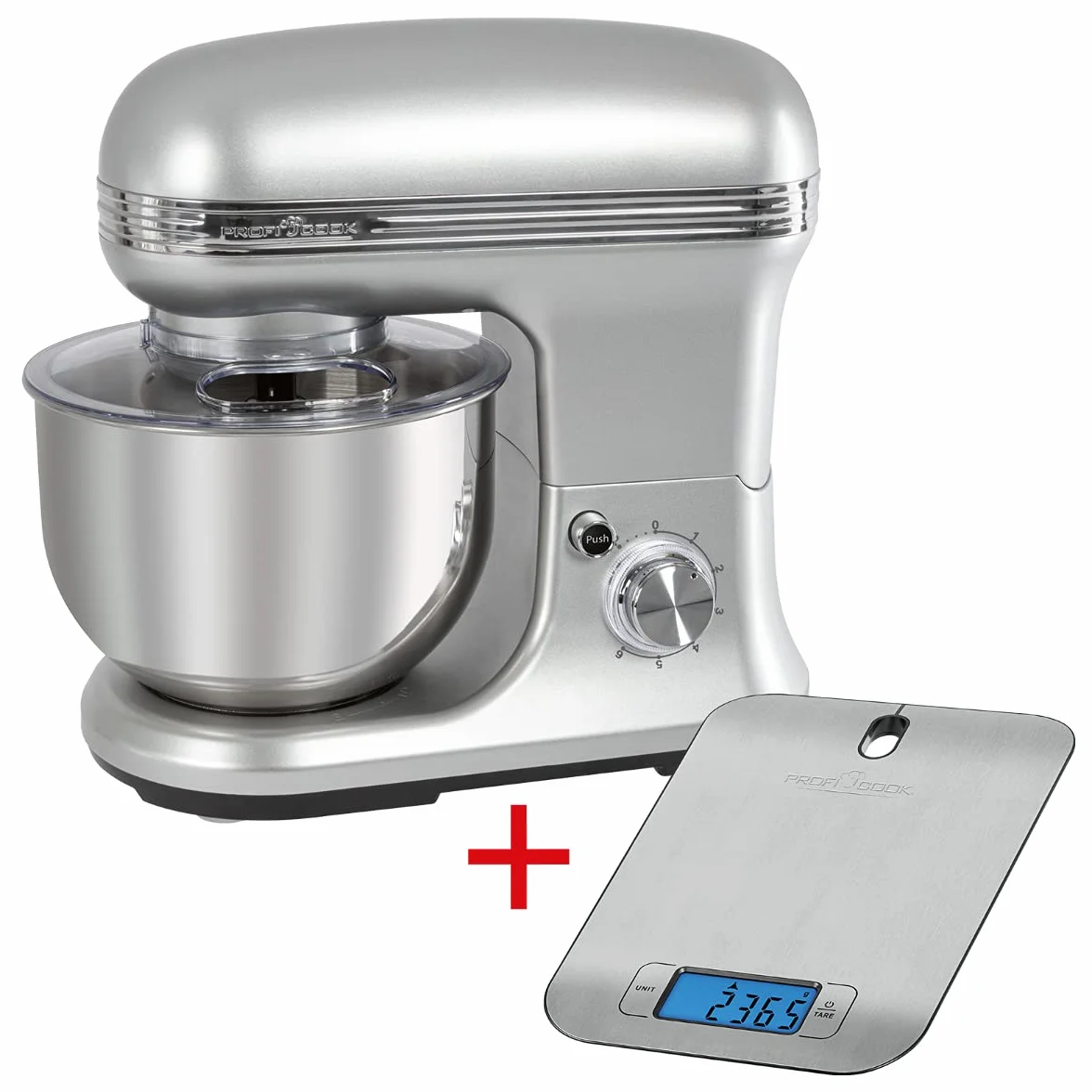 ProfiCook PC-KM 1222W Kneading Machine Set, Powerful 1200 Watt + Digital Kitchen Scale, 5.0 Litre Stainless Steel Bowl for Max 2.5-3 kg Dough Preparation, Kitchen Scales Measuring Range up to 5000 g