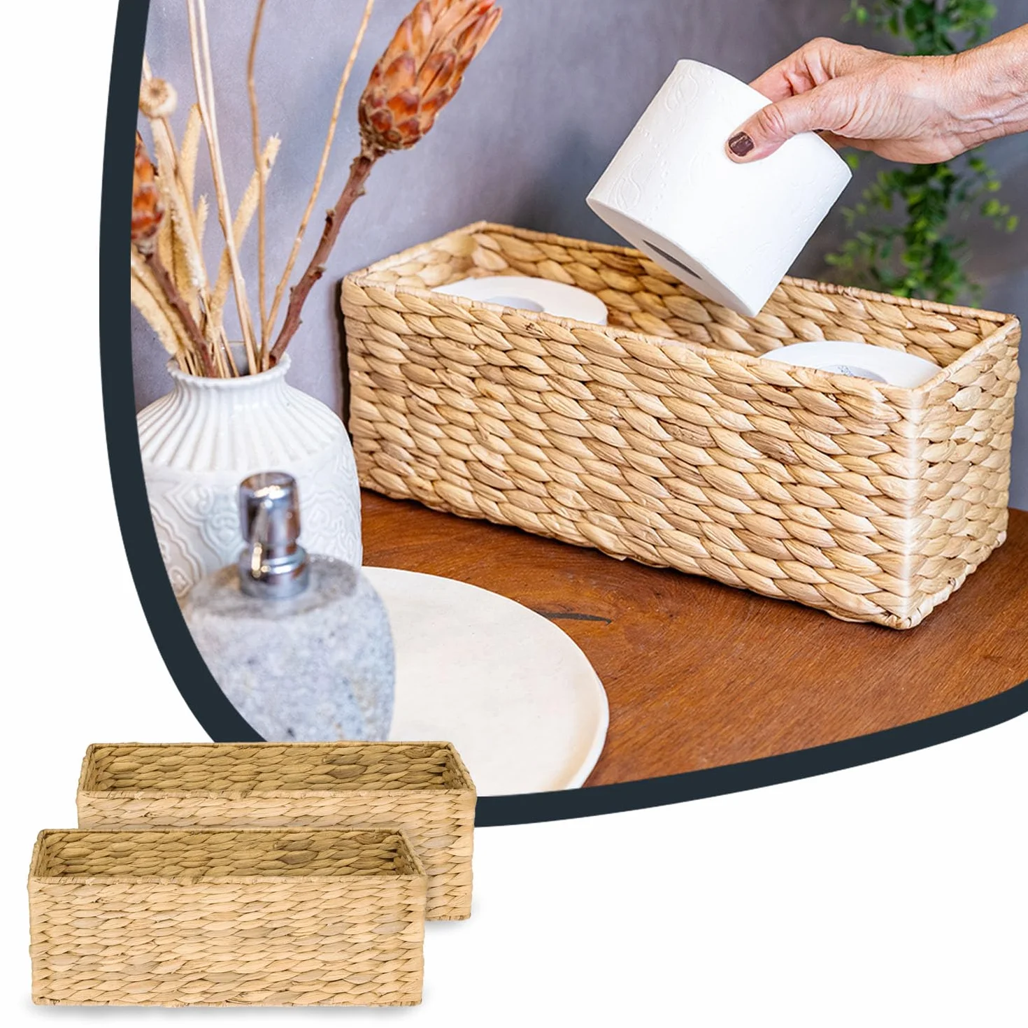 HMF Kosz do przechowywania kompatybilny z półkostką KALLAX, tkany kosz z hiacyntu wodnego do łazienki, kuchni i salonu, zestaw 2 szt., 38 x 15 x 14 cm, naturalny