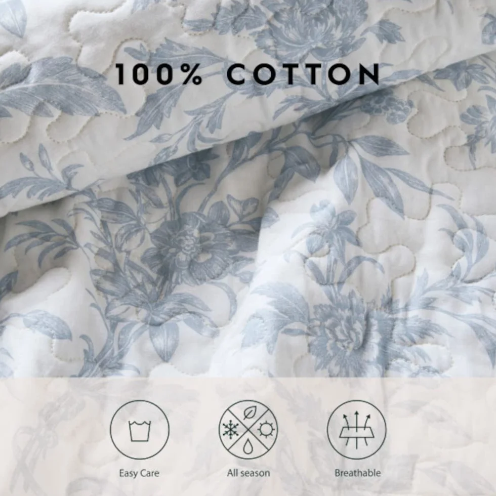 Laura Ashley Komplet pościeli z narzutą rozmiar King, bawełniany dwustronny zestaw pościeli z dodatkową poszewką na poduszkę, całoroczny wystrój domu, niebieski Amberley