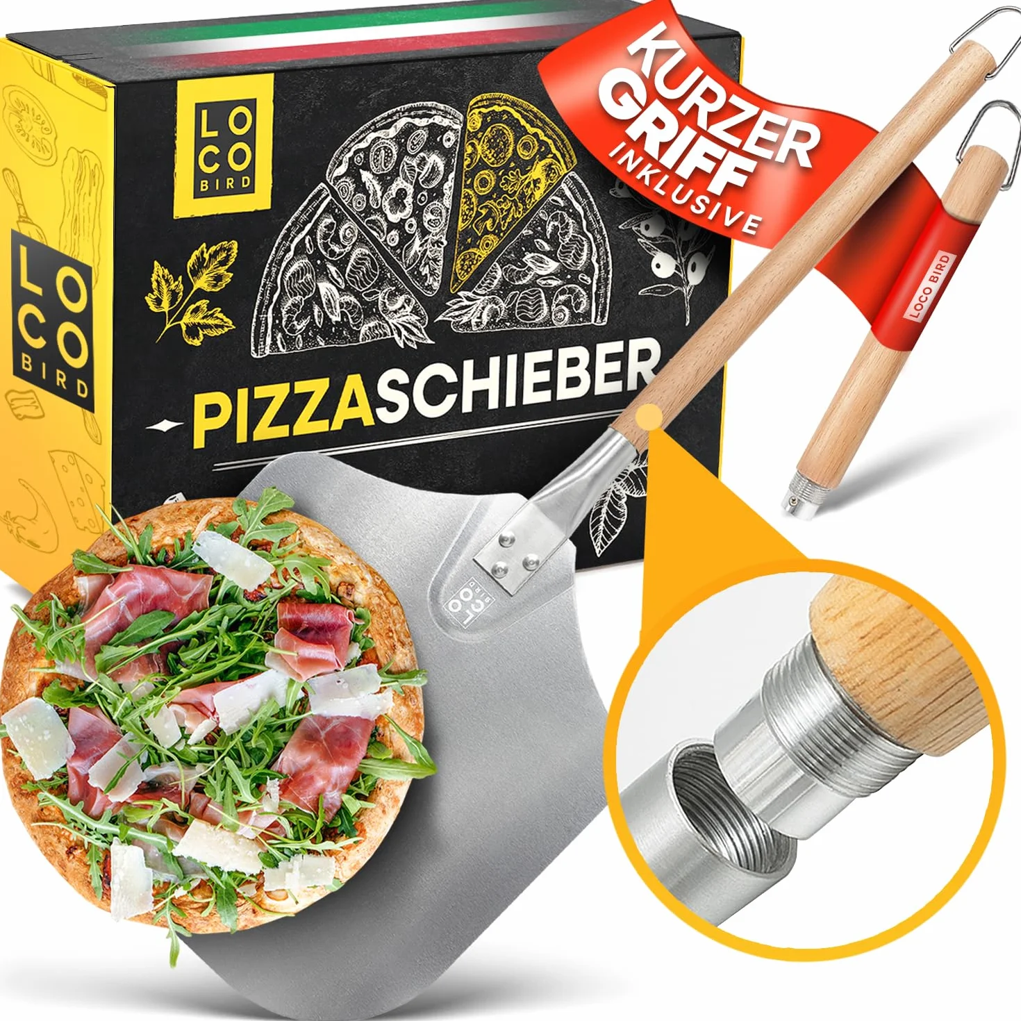 LOCO BIRD Łopatka do pizzy z dużą powierzchnią i zdejmowanym uchwytem – 30,5 cm x 30,5 cm łopatka do pizzy aluminiowa – w zestawie książka z przepisami