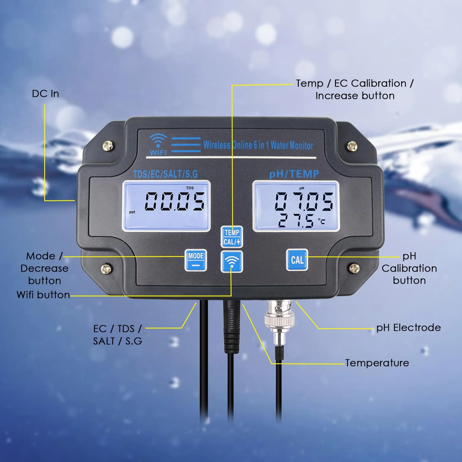 Tester jakości wody WLAN, monitor pH 6 w 1, mierzy pH/EC/TDS/zasolenie/ciężar i temperaturę, 24-godzinny monitoring aplikacji online i zapisywanie krzywych danych, miernik pH montowany na ścianie
