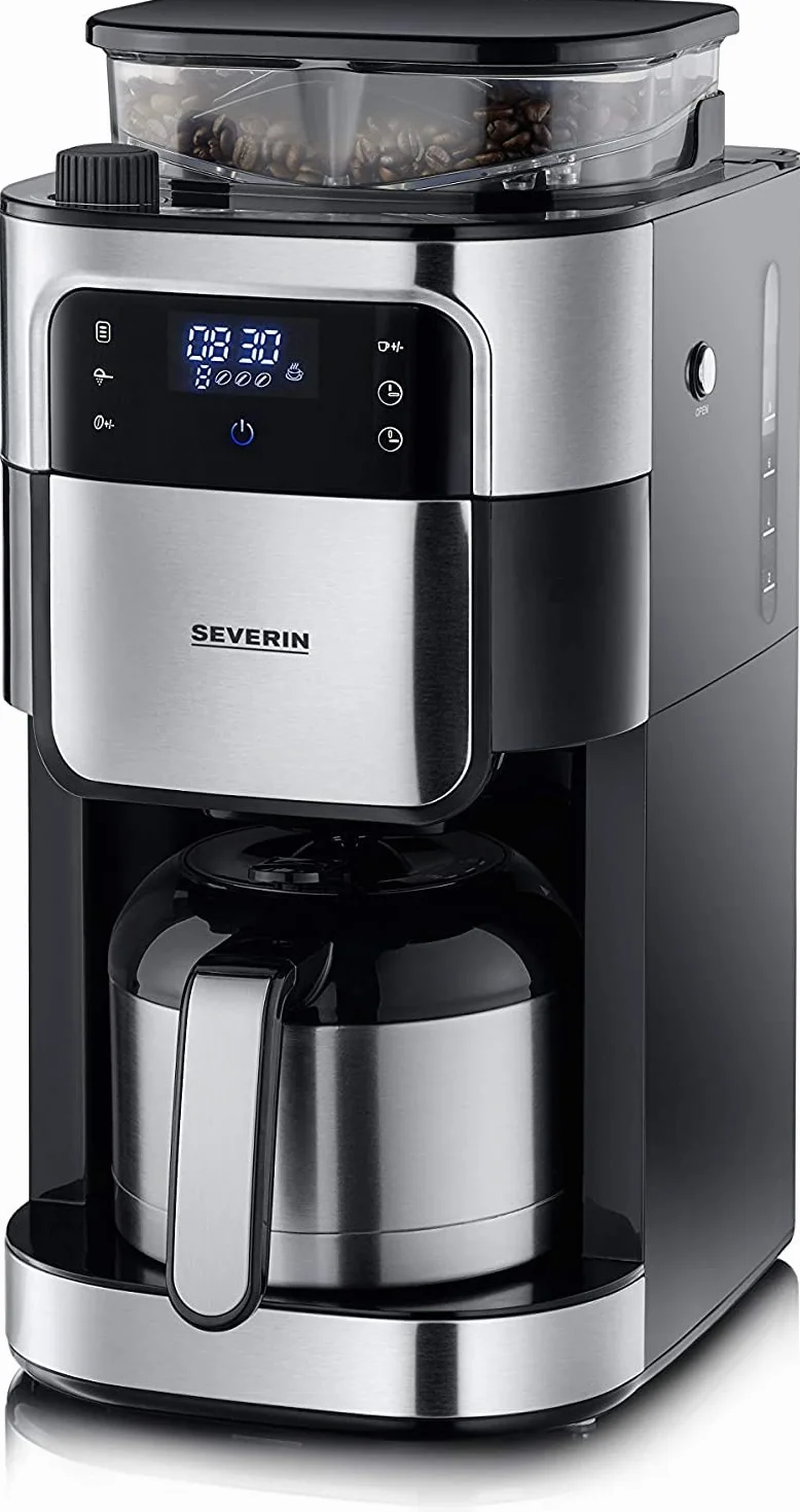 SEVERIN KA 4814 ekspres do kawy z filtrem mechanizmem mielącym ze stali nierdzewnej i dzbankiem termicznym, indywidualnie wybierany stopień mielenia, 1000 W, na maks. 8 filiżanek / ok. 1 litr