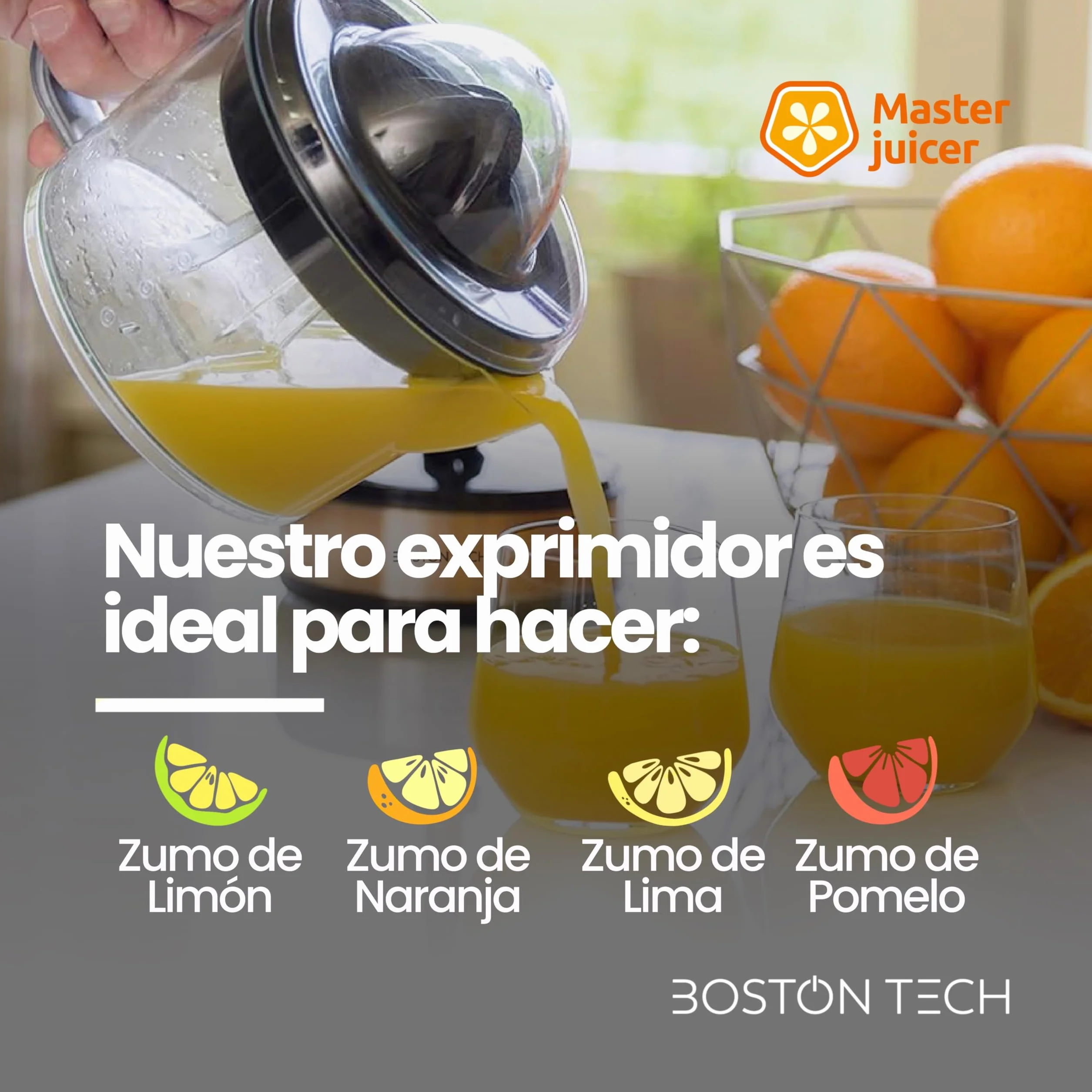 Boston Tech MasterJuicer elektryczna wyciskarka do cytrusów, 40 W, 2 stożki i nie zawiera BPA, 700 ml, wyciskarka do pomarańczy ze stali nierdzewnej, dwukierunkowa rotacja, wysoka wydajność soku i