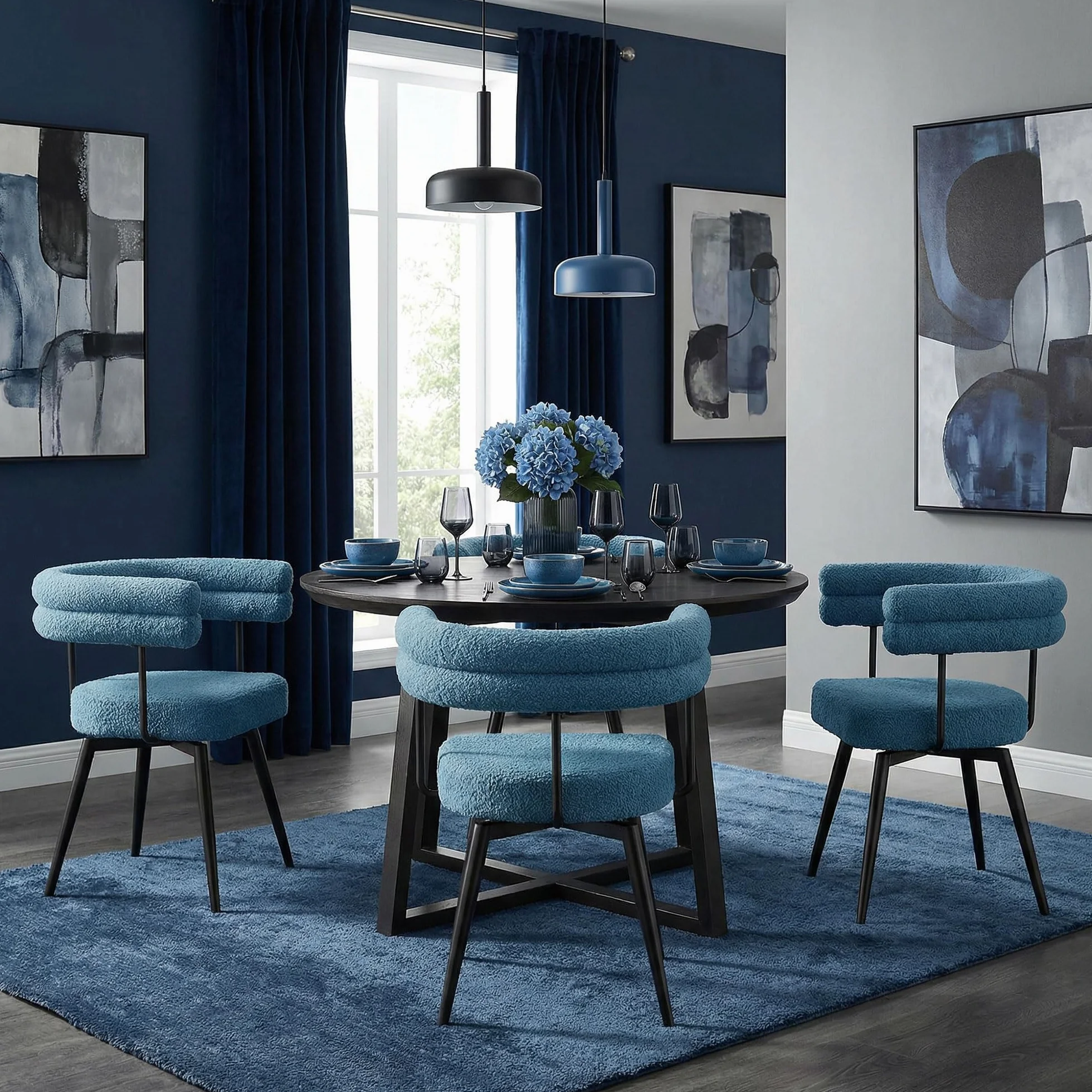 ML-Design Krzesla do salonu i jadalni obrotowe 360 stopni zestaw 4 szt niebieski Teddy tapicerowane z podlokietnikami ergonomiczne metalowe nogi komfortowe siedzisko do stolu kuchni styl nowoczesny