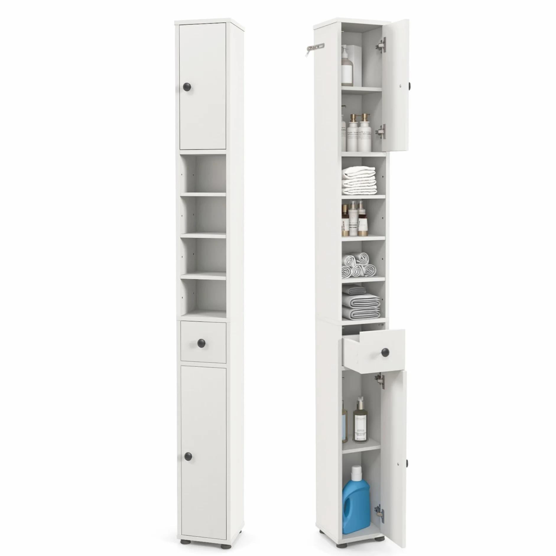 COSTWAY Wąska szafka łazienkowa 2 drzwi 1 szuflada regulowane półki 20x20x180 cm biała