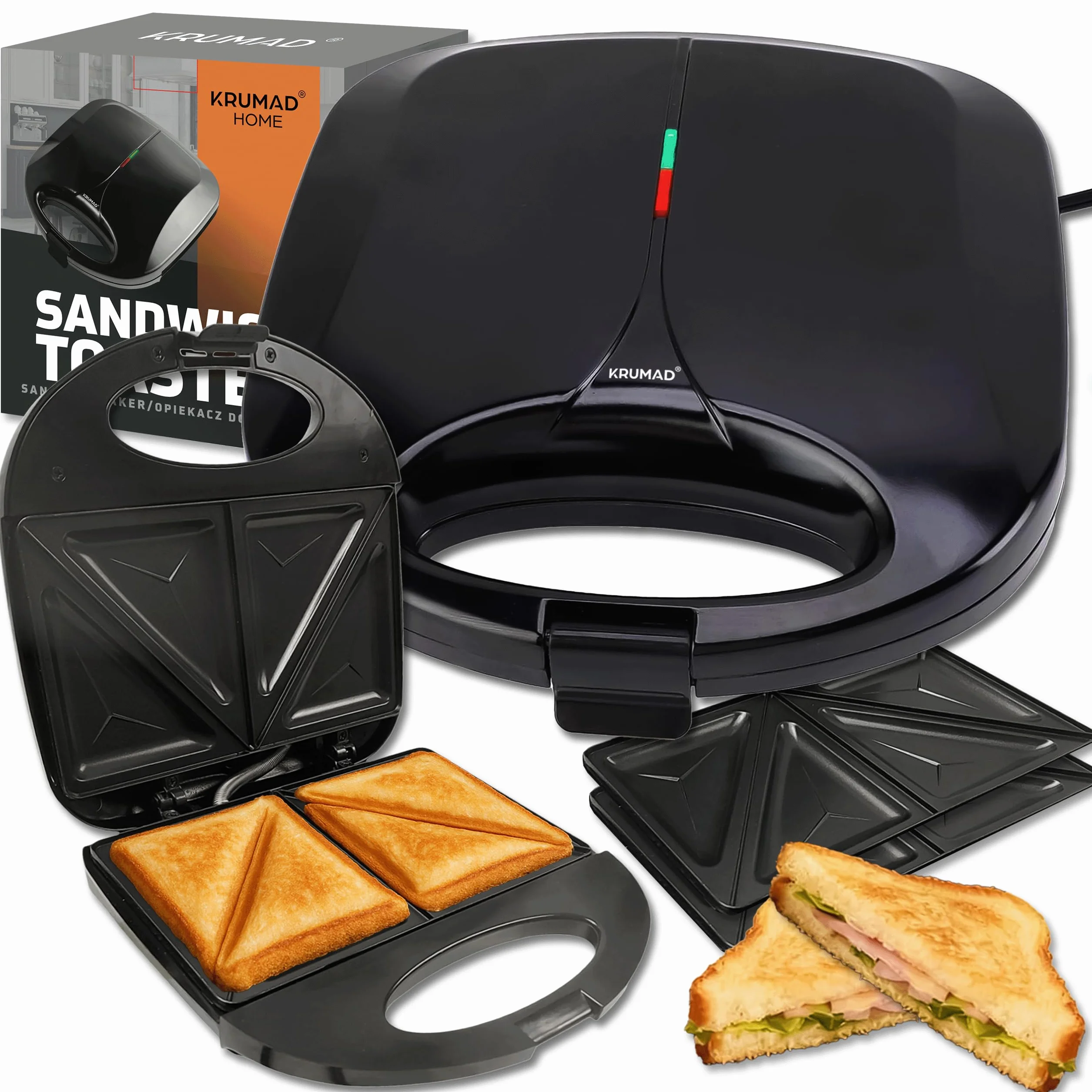 KRUMAD Opiekacz do kanapek 1000W – Dwuszczelinowy Sandwich Maker z powłoką nieprzywierającą, wskaźnikami LED i uchwytem termoizolacyjnym – Kompaktowy toster do tostów