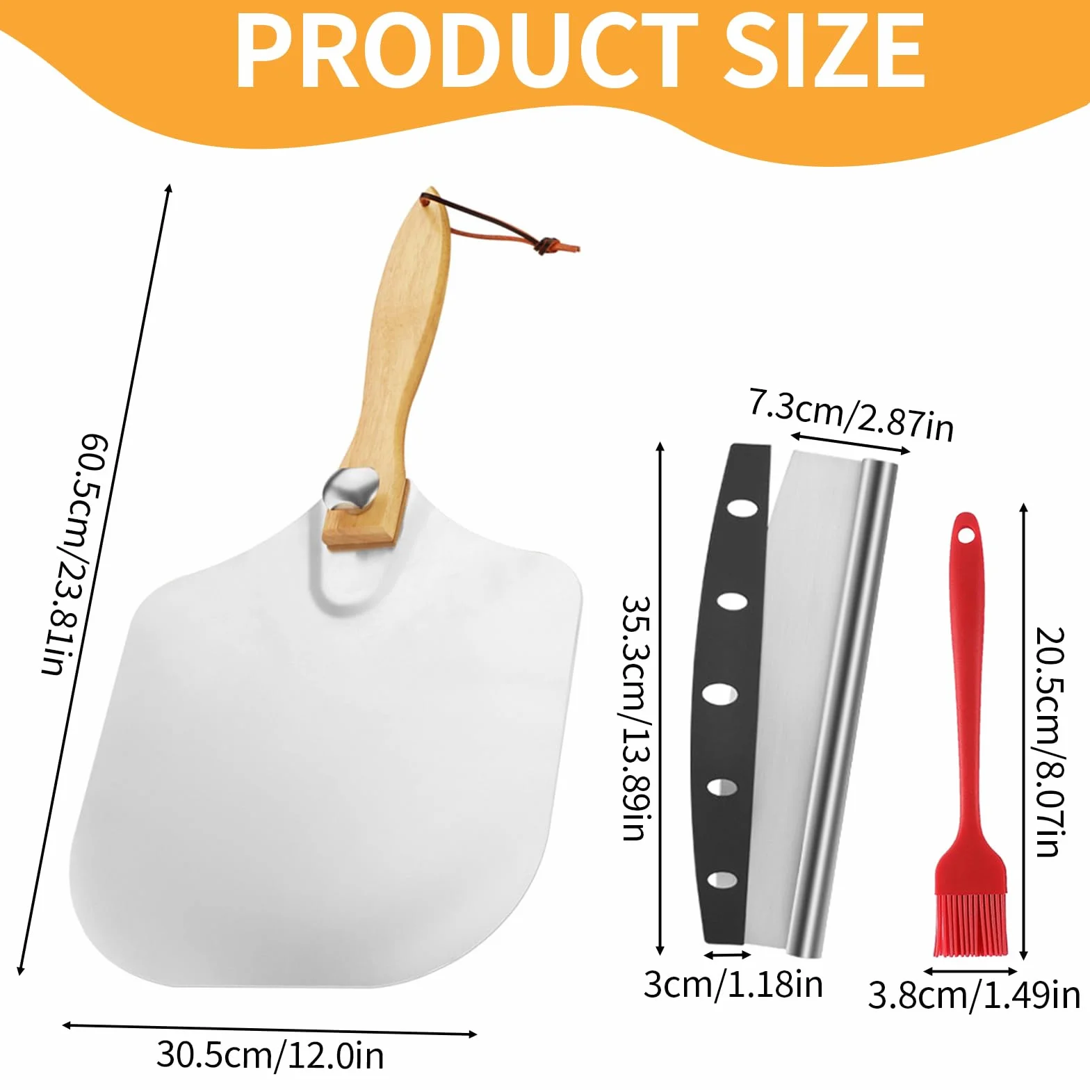 Łopatka do pizzy ze stali nierdzewnej, zestaw łopatek do pizzy, 30 cm, składana, z drewnianym uchwytem, nóż do pizzy i pędzlem do oleju, akcesoria do pieczenia, pizzy, chleba