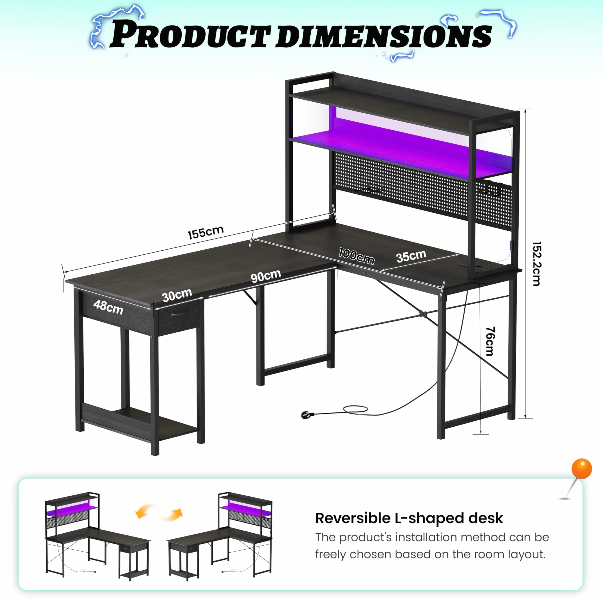 YOUDENOVA biurko narożne gamingowe z perforowaną ścianką 155 x 100 cm z gniazdkami i USB