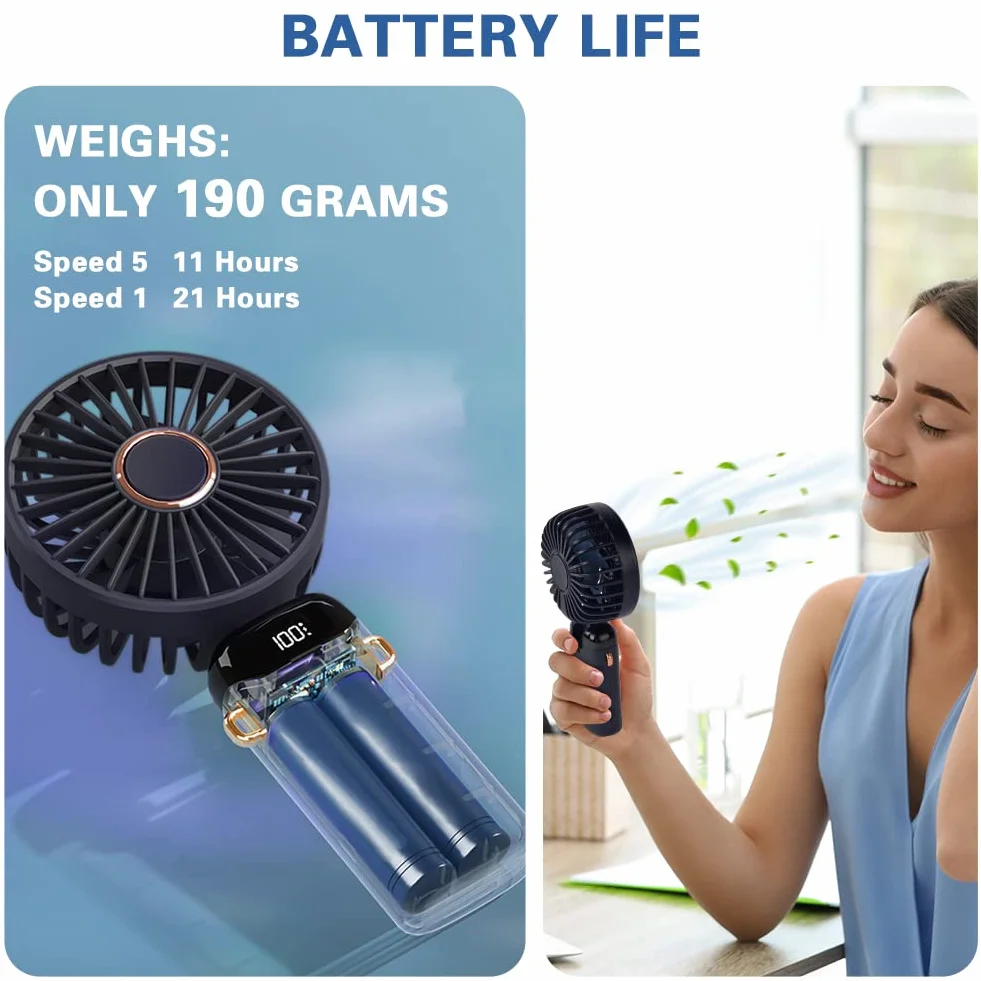 Przenośny wentylator ręczny, osobisty wentylator ładowany przez USB, 4800 mAh, składany mini wentylator biurkowy 90°, z cyfrowym wyświetlaczem LED, 5 prędkości, wielofunkcyjny wentylator do