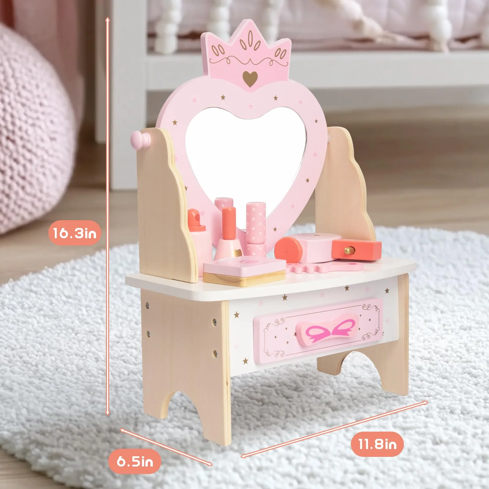 WOODENFUN Drewniana toaletka dla dziewczynek z akrylową szufladą i lustrem 360° 7 sztuk różowa