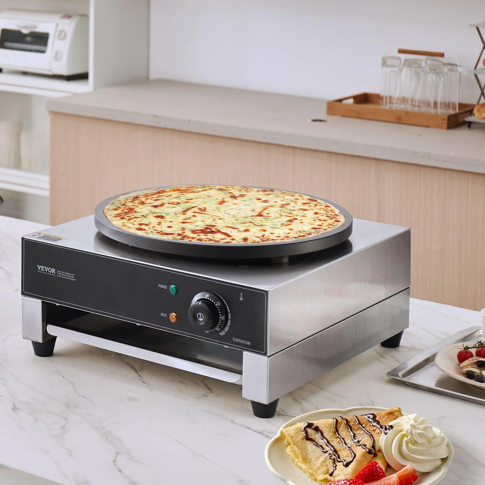 VEVOR 1700 W komercyjna płaska płyta naleśnik maszyna do naleśników ze stali nierdzewnej nieprzywierająca okrągła kuchenka na naleśniki i płatki zbożowe z regulacją temperatury, 435 x 455 x 225 mm
