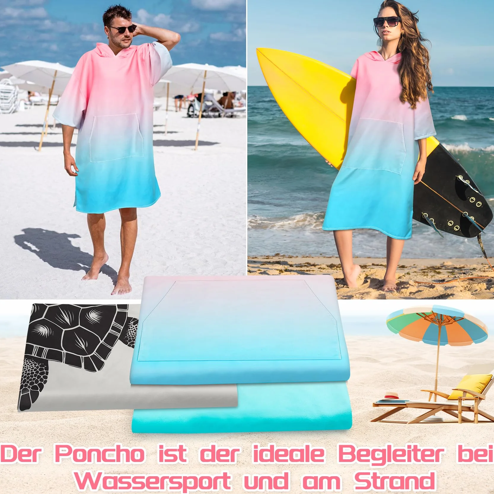 Ponczo plażowe dla surferów, ponczo szybkoschnący ręcznik z mikrofibry, pomoc do szatni, ultralekkie ponczo surfingowe, ponczo kąpielowe dla dorosłych, gradient różowy