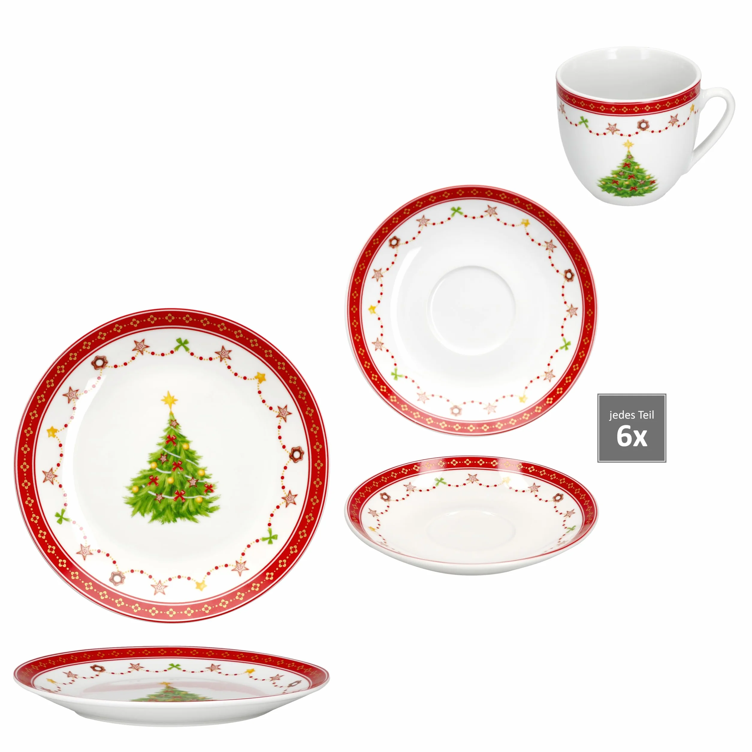 MamboCat Weihnachtstraum 18-częściowy serwis do kawy, porcelanowy zestaw do kawy dla 6 osób z dekoracją bożonarodzeniową, po 6 filiżanek do kawy 190 ml, spodki i talerze do ciasta, naczynia na Boże