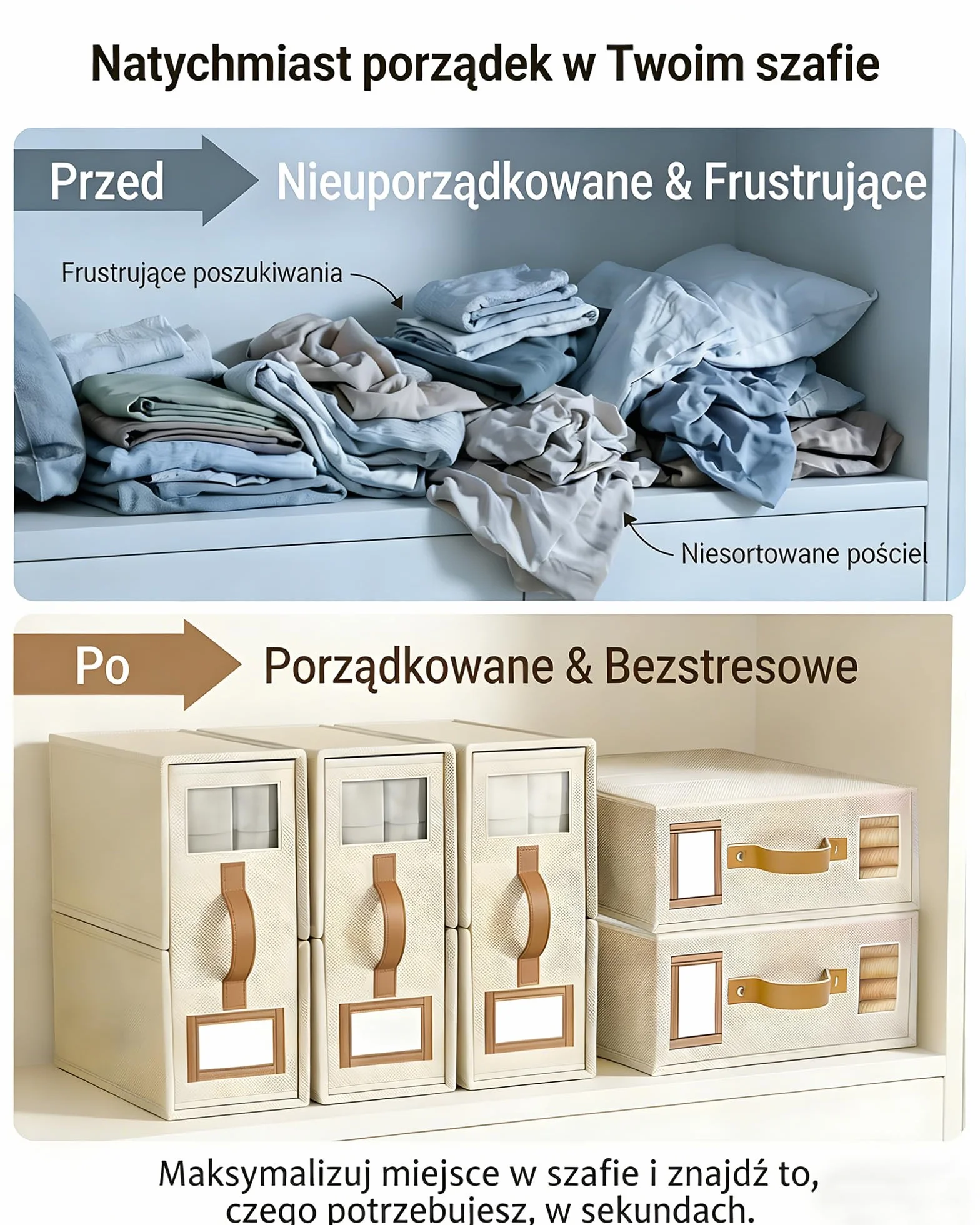 SwartLife Składany Organizer na Pościel i Prześcieradła z Okienkiem i Etykietą - Oddychające Pudełko na Kołdry Ręczniki - Kremowy Beżowy