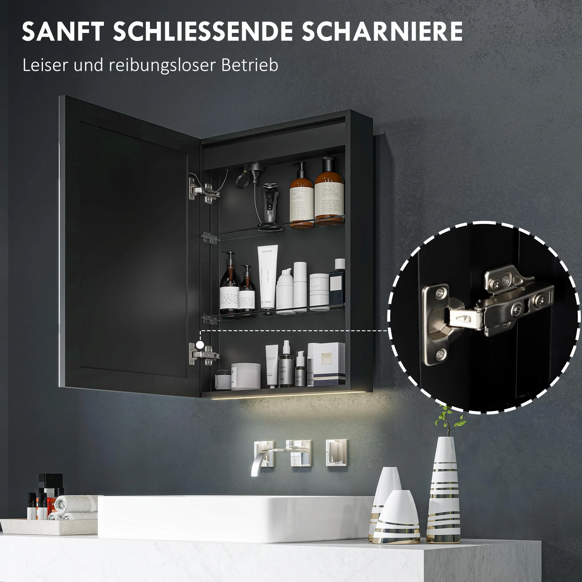 HOMCOM Szafka łazienkowa z lustrem z oświetleniem LED, szafka łazienkowa z lustrem, gniazdko, 50 x 12,8 x 70 cm, szafka wisząca z regulowaną półką, funkcja zapobiegająca zaparowaniu, 3 kolory światła