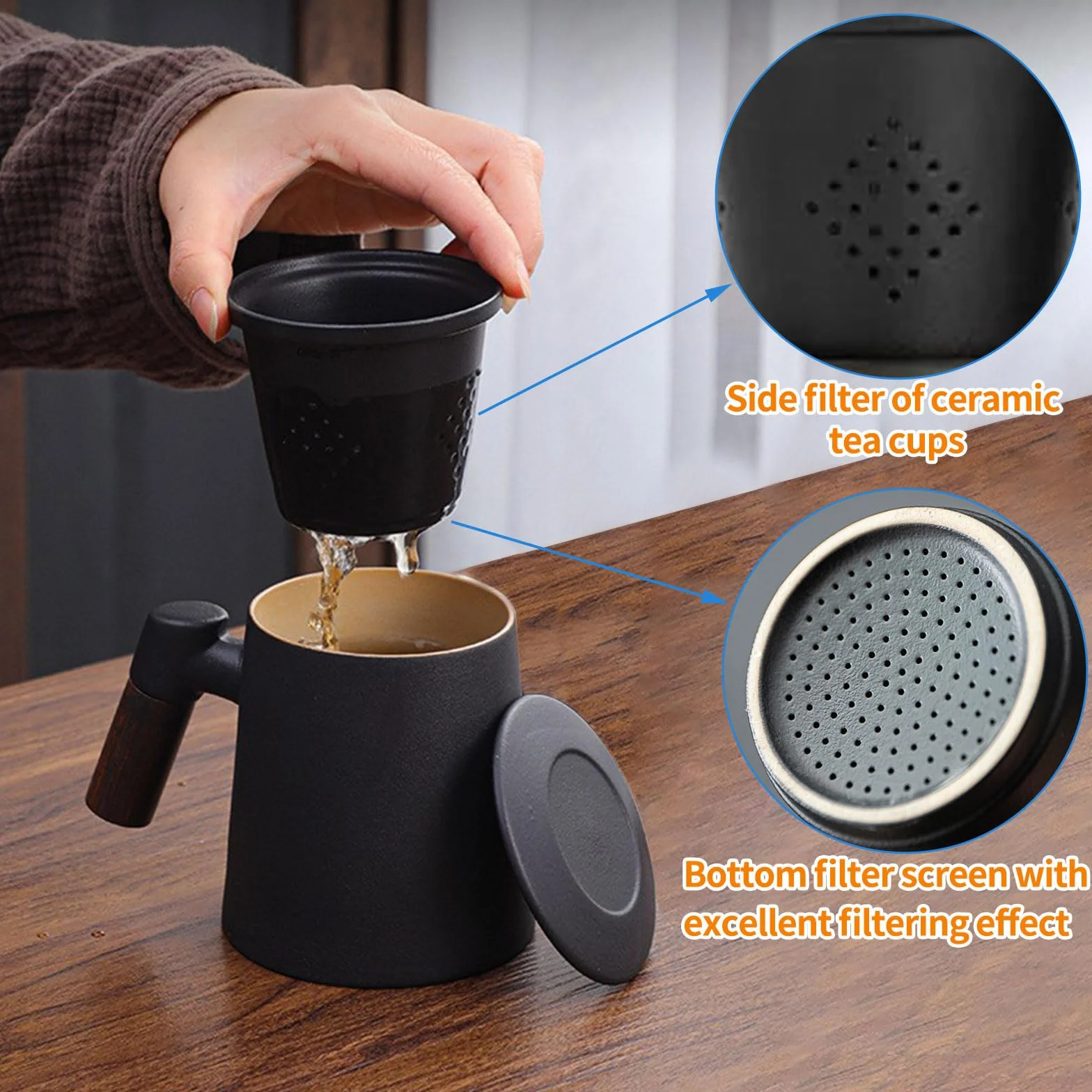 Kubek do zaparzania herbaty z pokrywką i sitkiem, 400 ml, gradientowy, duży kubek z zaparzaczem czarny, matowa ceramiczna filiżanka do parzenia z drewnianym uchwytem, herbata