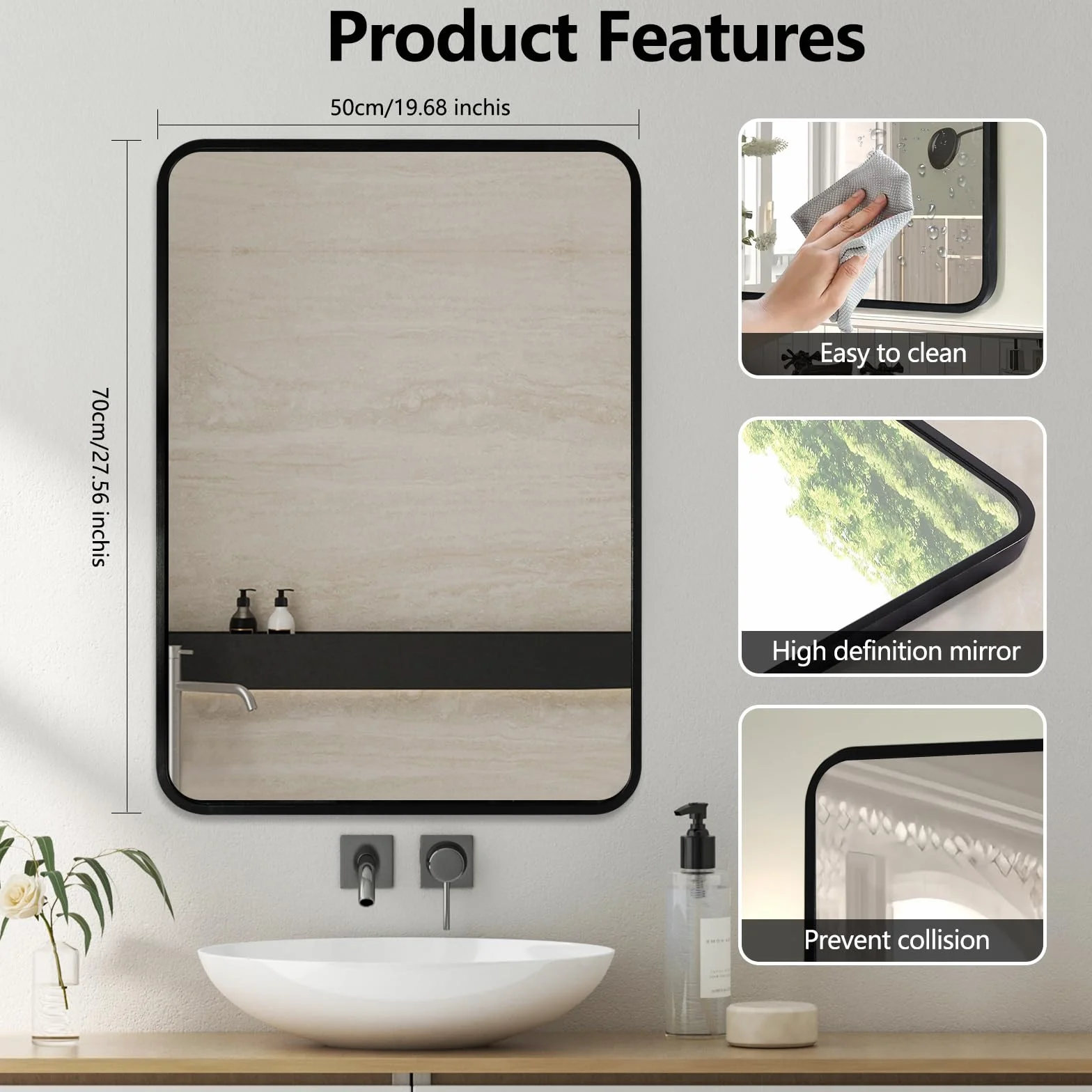 Lustro ścienne prostokątne czarne z aluminiową ramą - 70 x 50 cm Nowoczesne lustro do łazienki, idealne do łazienki, sypialni, salonu i przedpokoju - Można powiesić poziomo lub pionowo