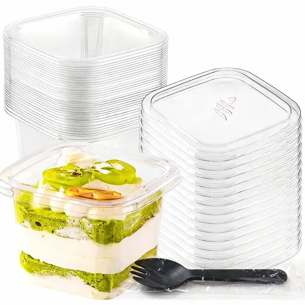 50 sztuk plastikowych kubków deserowych, prostokątne, z pokrywką, 360 ml, przezroczyste miseczki deserowe, z 50 łyżeczkami, wielokrotnego użytku, kwadratowe, plastikowe kubki na deser, mus, tiramisu